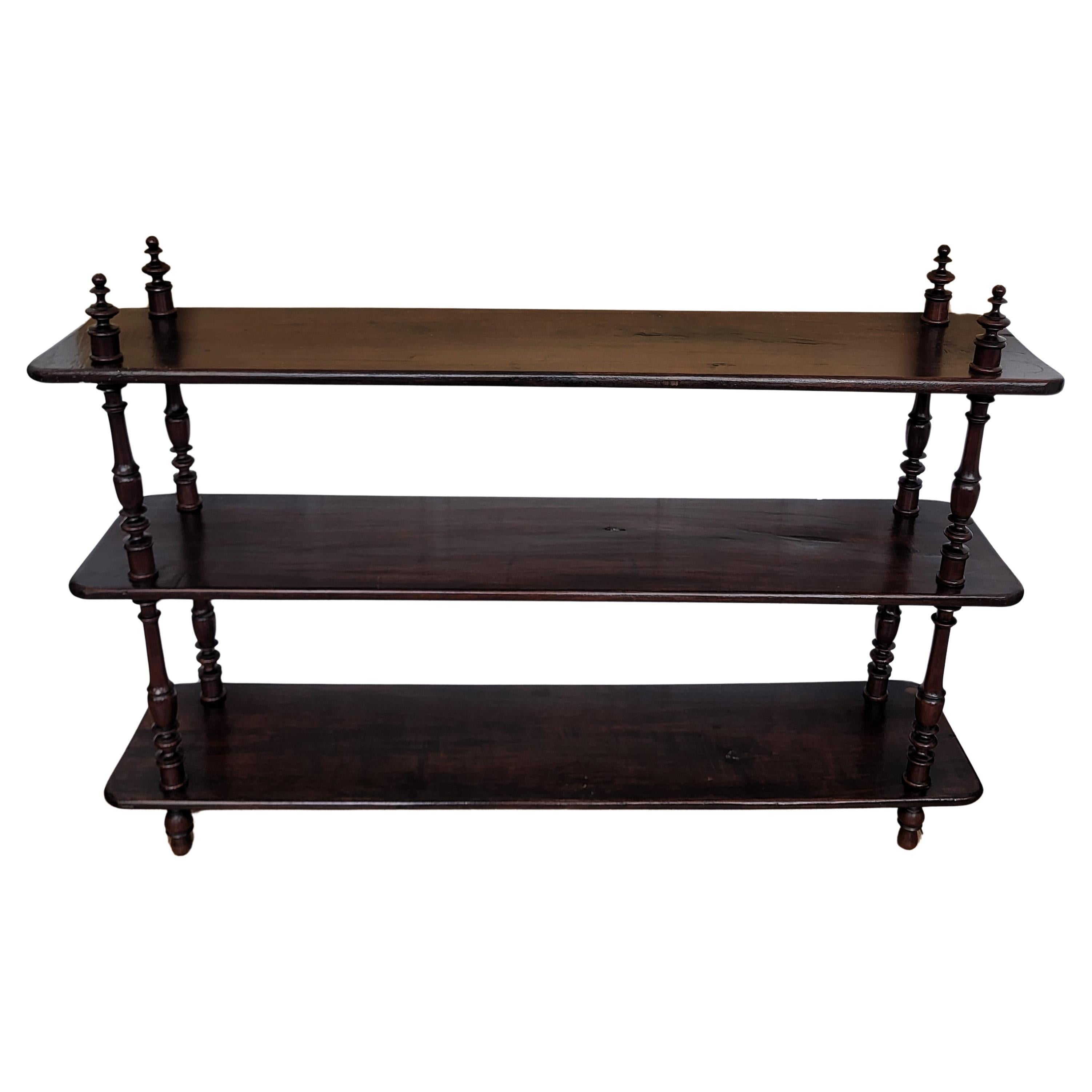 Antique Italian Carved Walnut Wood Three Shelves Open Bookcase Library Etagere
