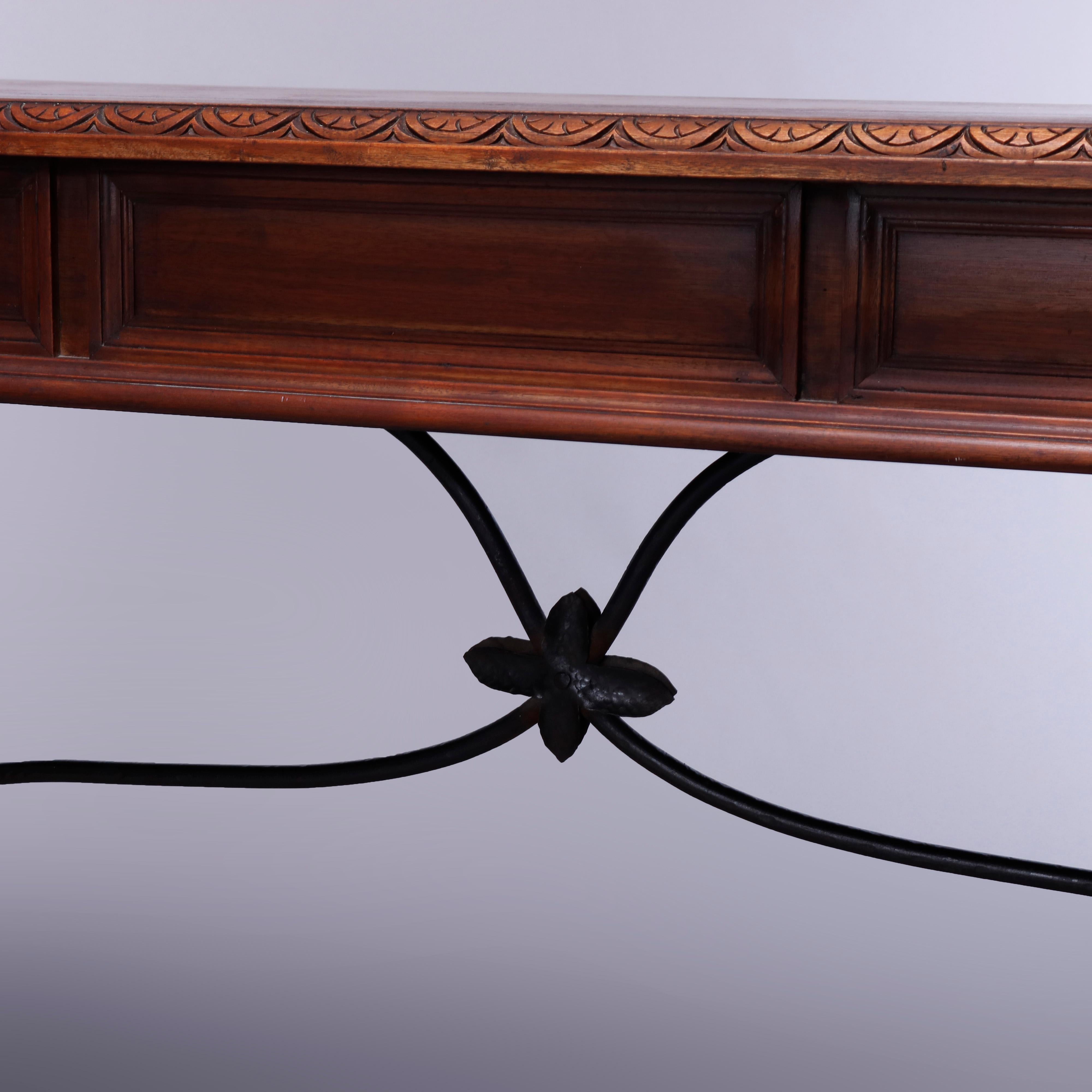 Antique Italian Carved Walnut & Wrought Iron Console Library Table, c1910 7