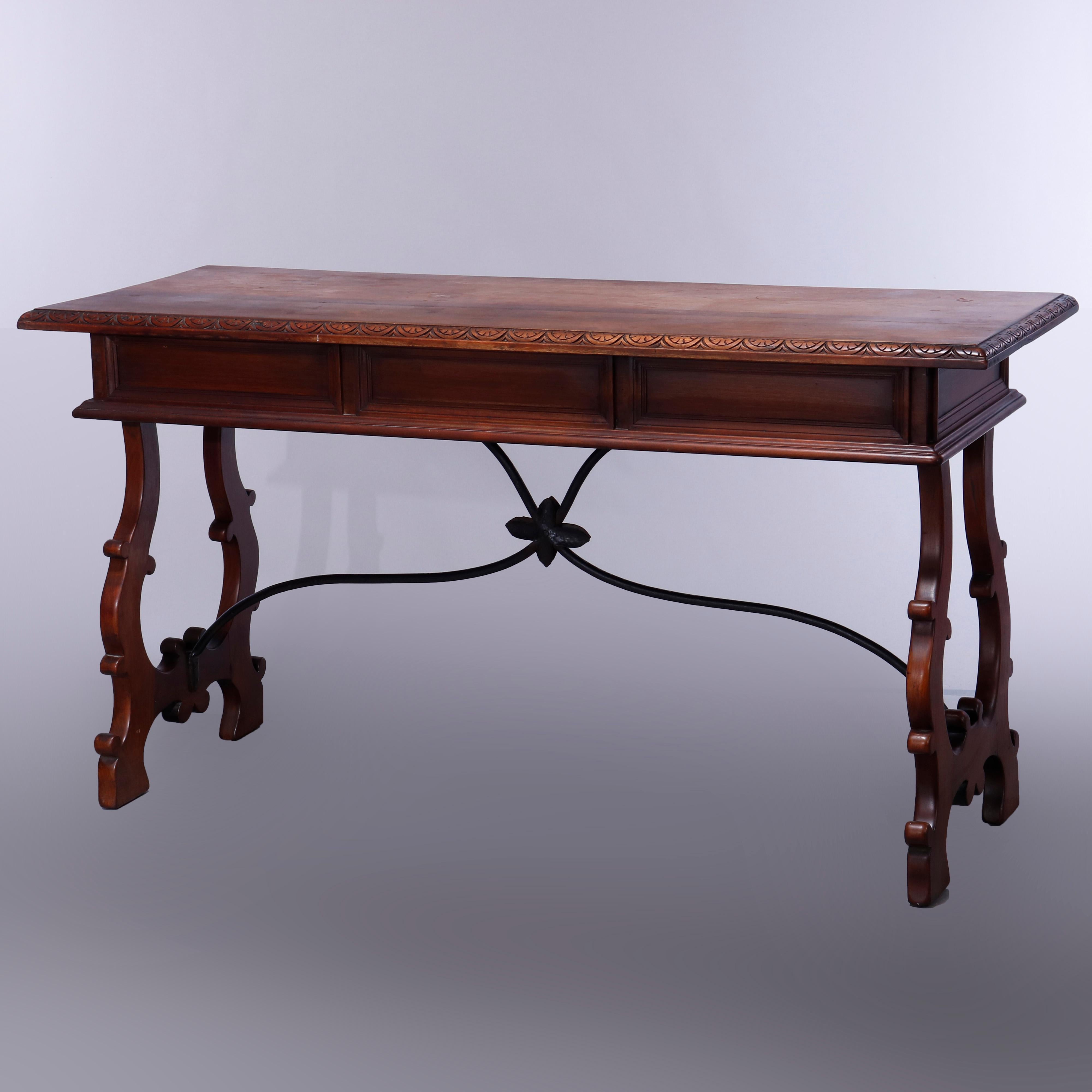 Antique Italian Carved Walnut & Wrought Iron Console Library Table, c1910 13