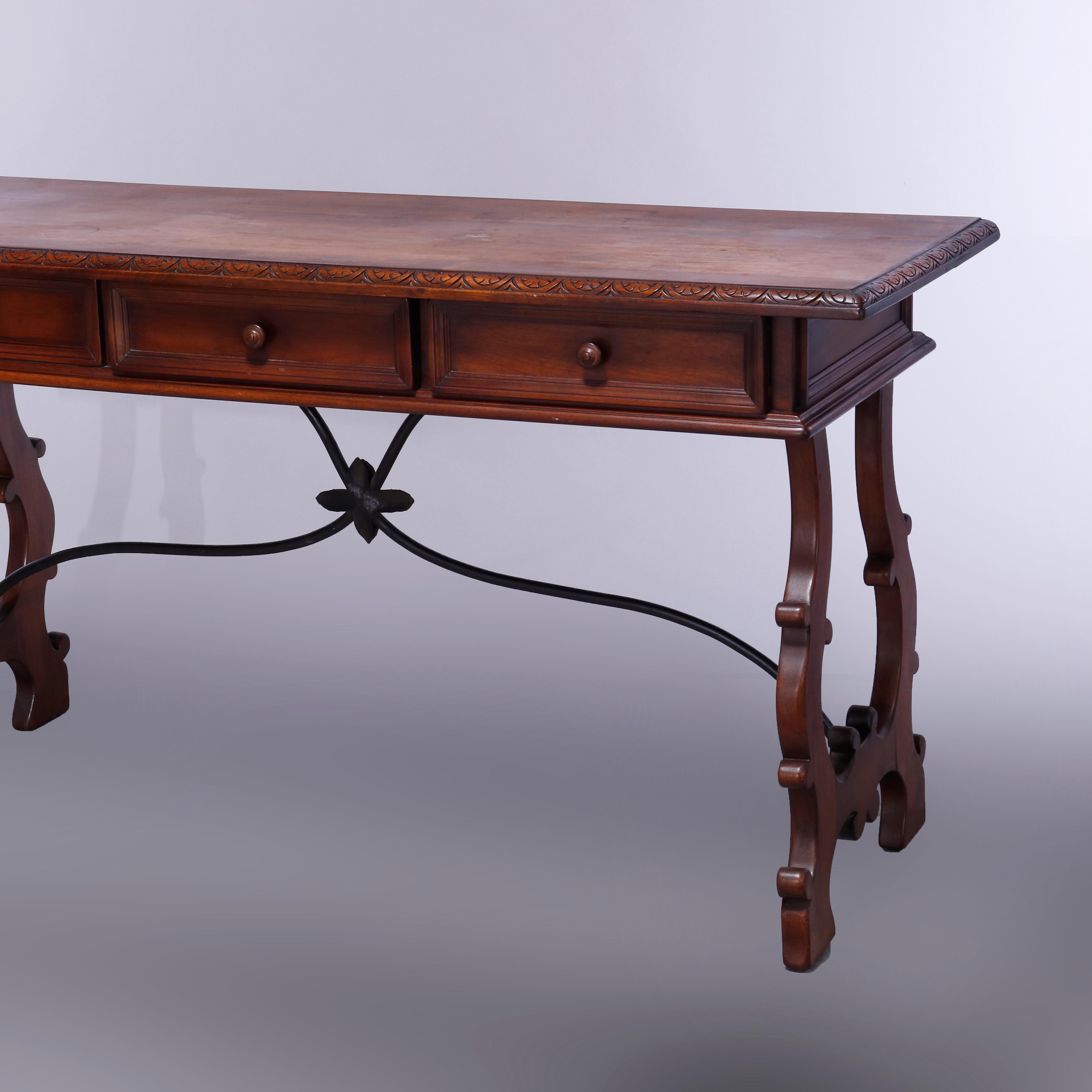 Antique Italian Carved Walnut & Wrought Iron Console Library Table, c1910 In Good Condition In Big Flats, NY