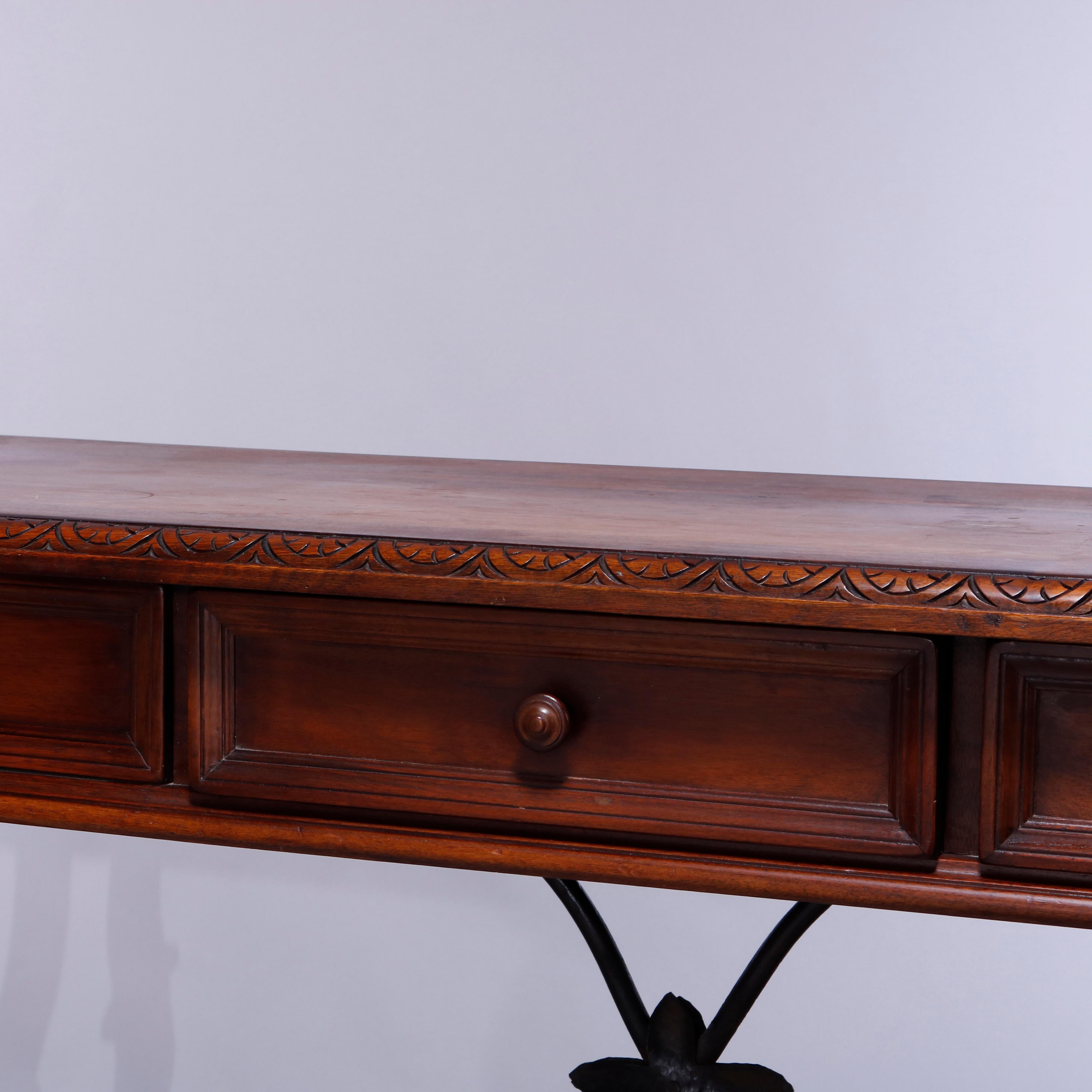 20th Century Antique Italian Carved Walnut & Wrought Iron Console Library Table, c1910
