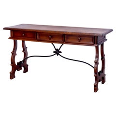Antique Italian Carved Walnut & Wrought Iron Console Library Table, c1910