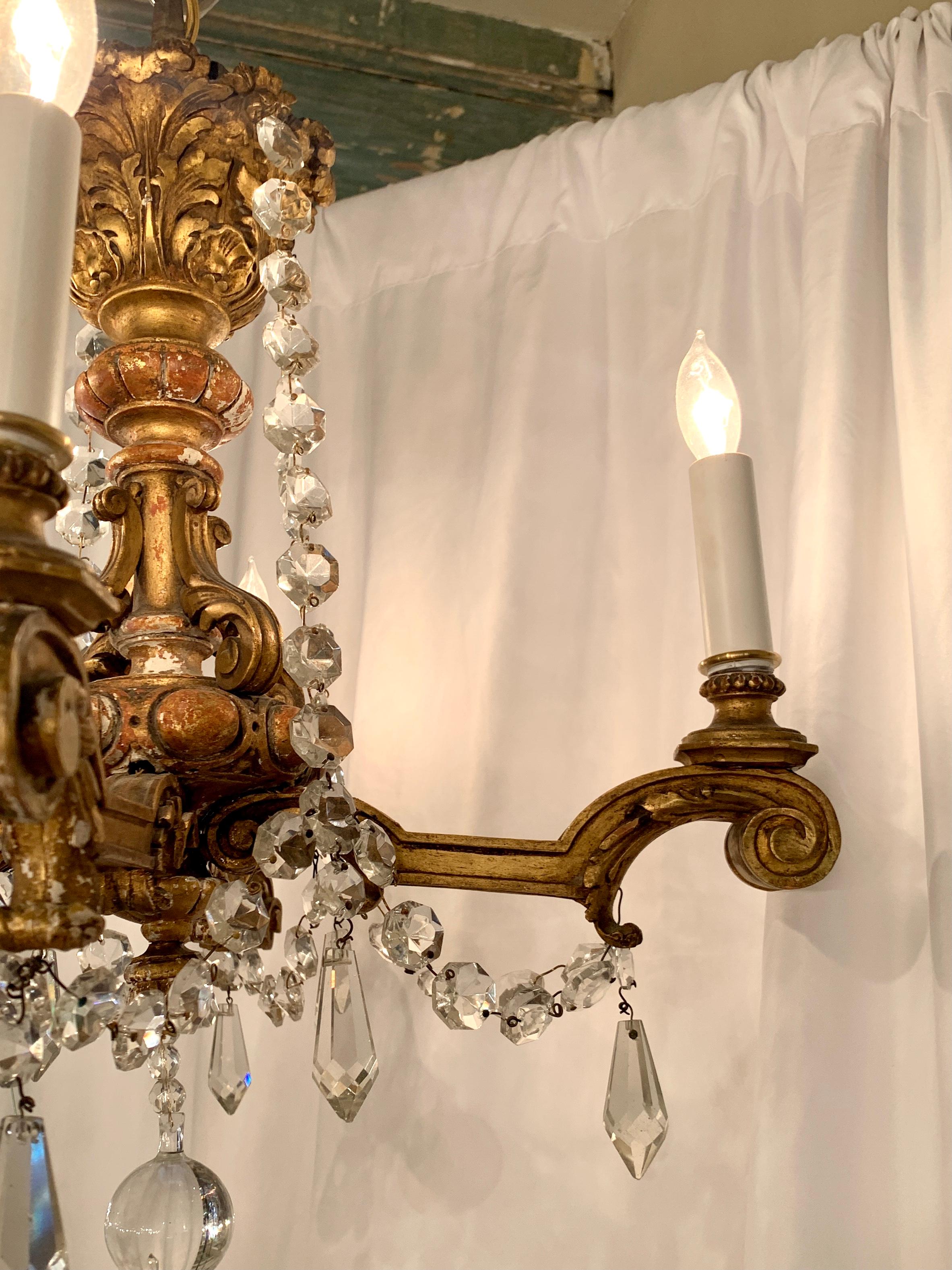20th Century Antique Italian Carved Wood and Gesso Crystal Chandelier, Circa 1920s