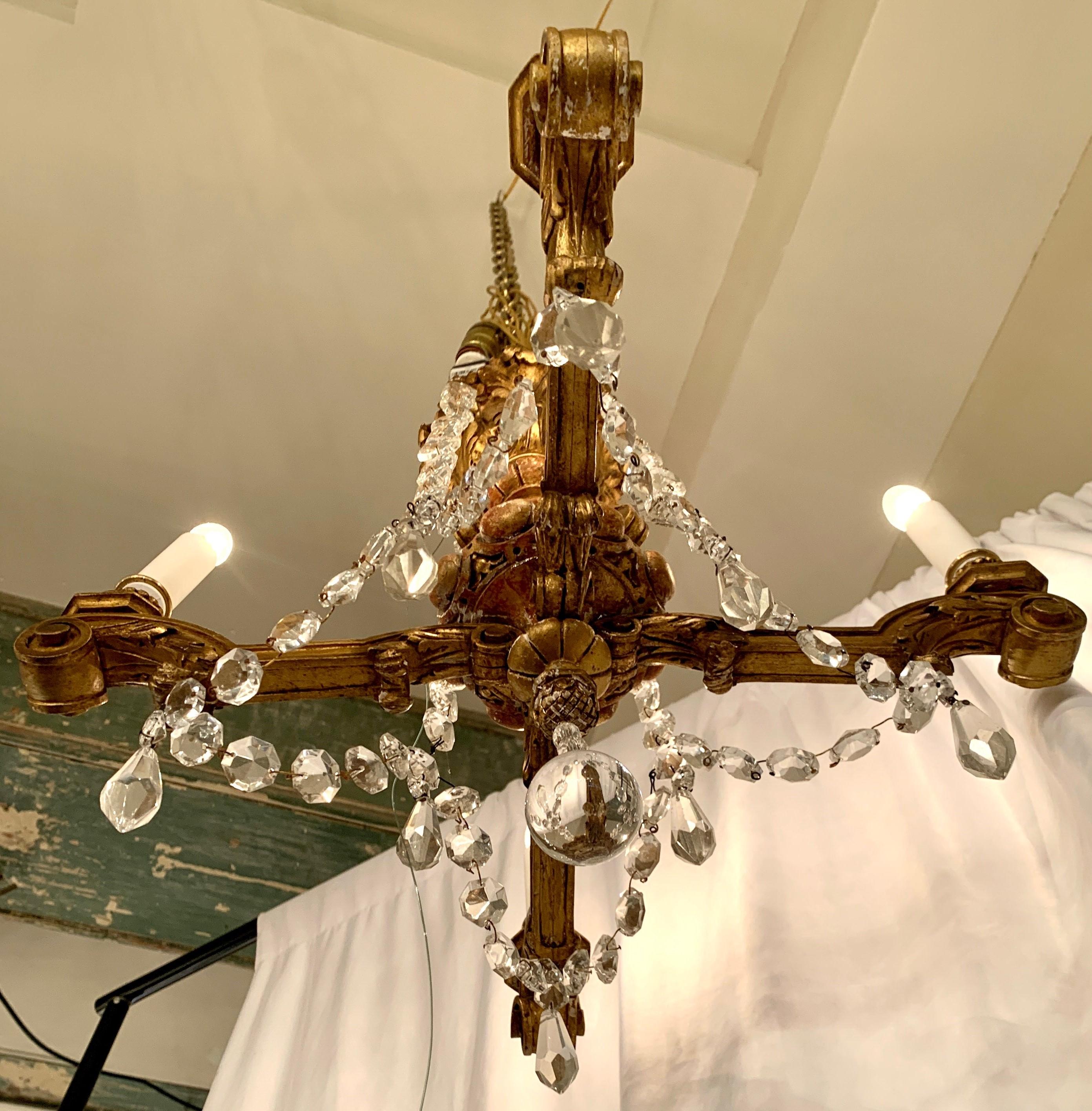 Antique Italian Carved Wood and Gesso Crystal Chandelier, Circa 1920s 1