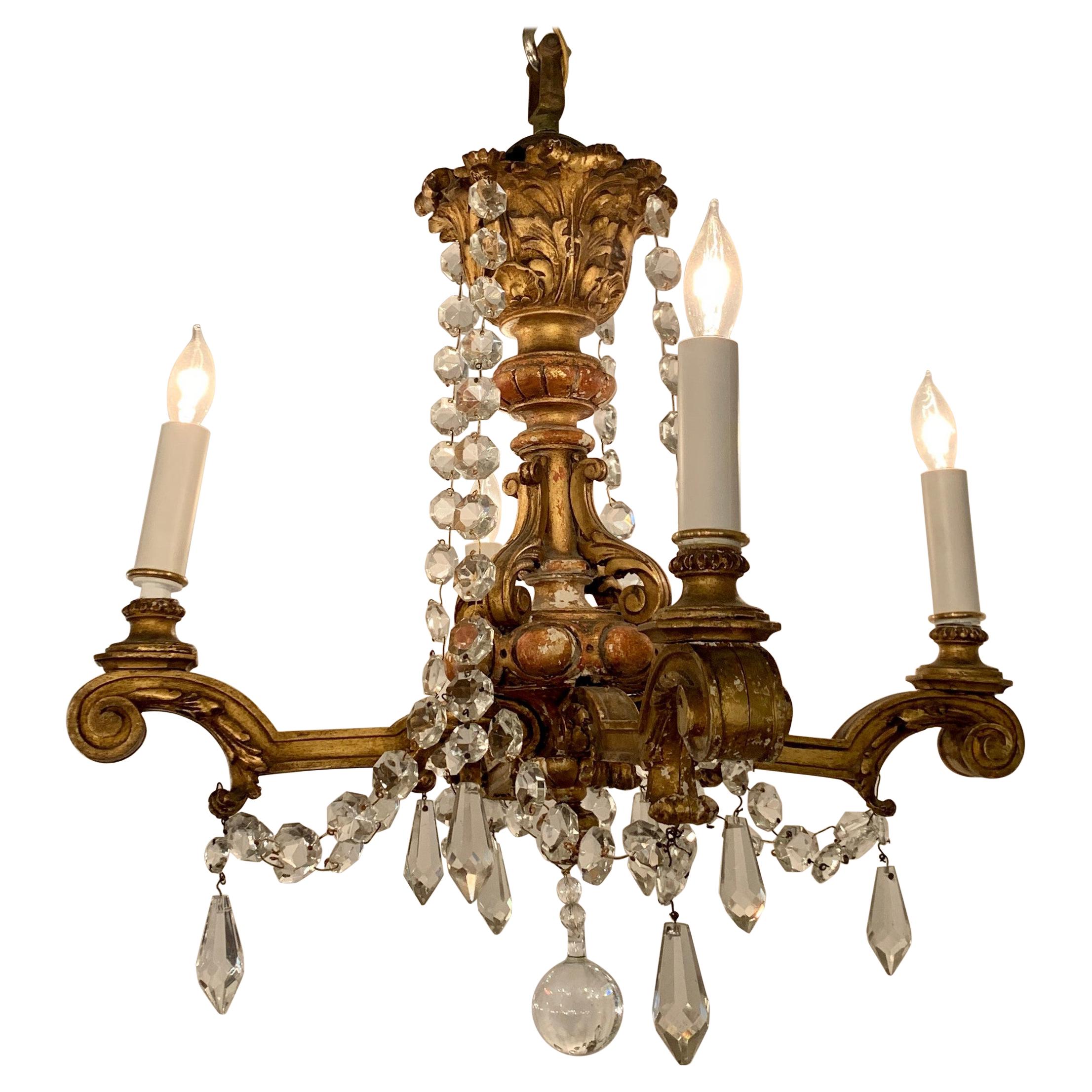 Antique Italian Carved Wood and Gesso Crystal Chandelier, Circa 1920s