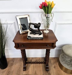 Antique Italian Carved Wood Bobbin Barley Twist Legs Sewing Table Side Table