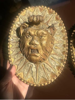 Antique Italian carved wood candle sconce pair figurative gold