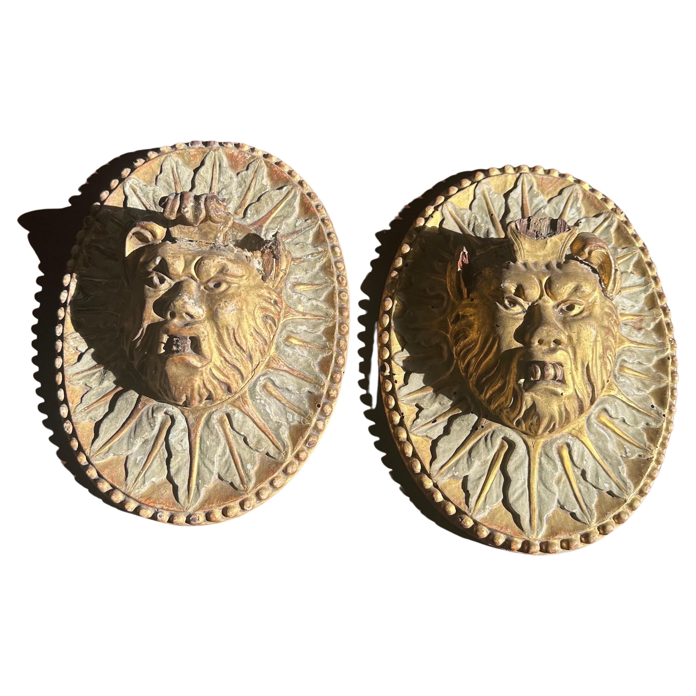 Antique Italian carved wood candle sconce pair figurative gold 