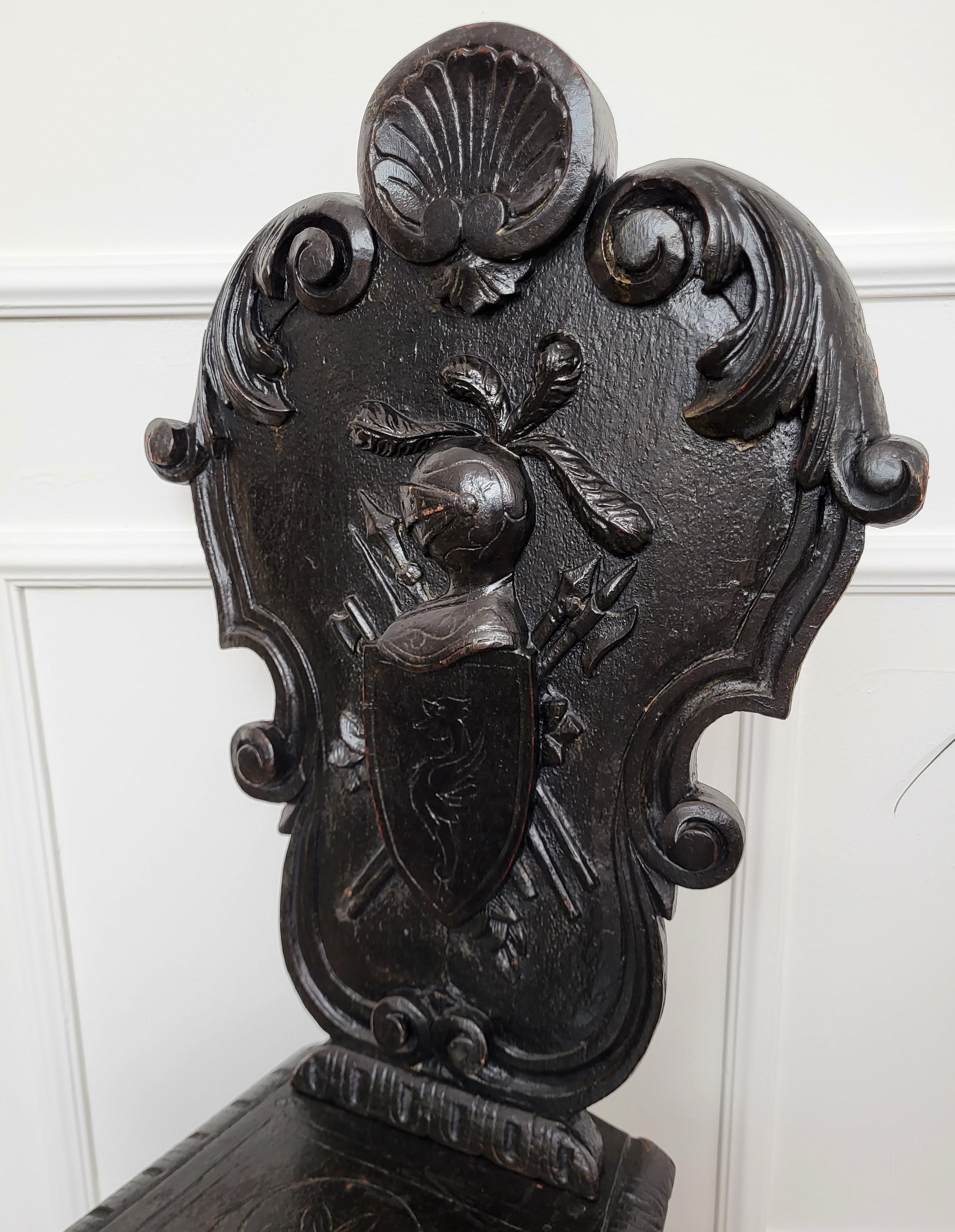 Hand-Carved Antique Italian Carved Wood Coat of Arms Chair  For Sale