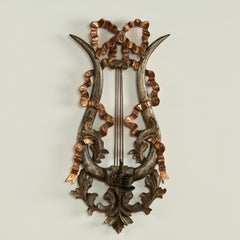Antique Italian Carved Wood Lyre and Ribbon Parcel Gilt Wall Sconces
