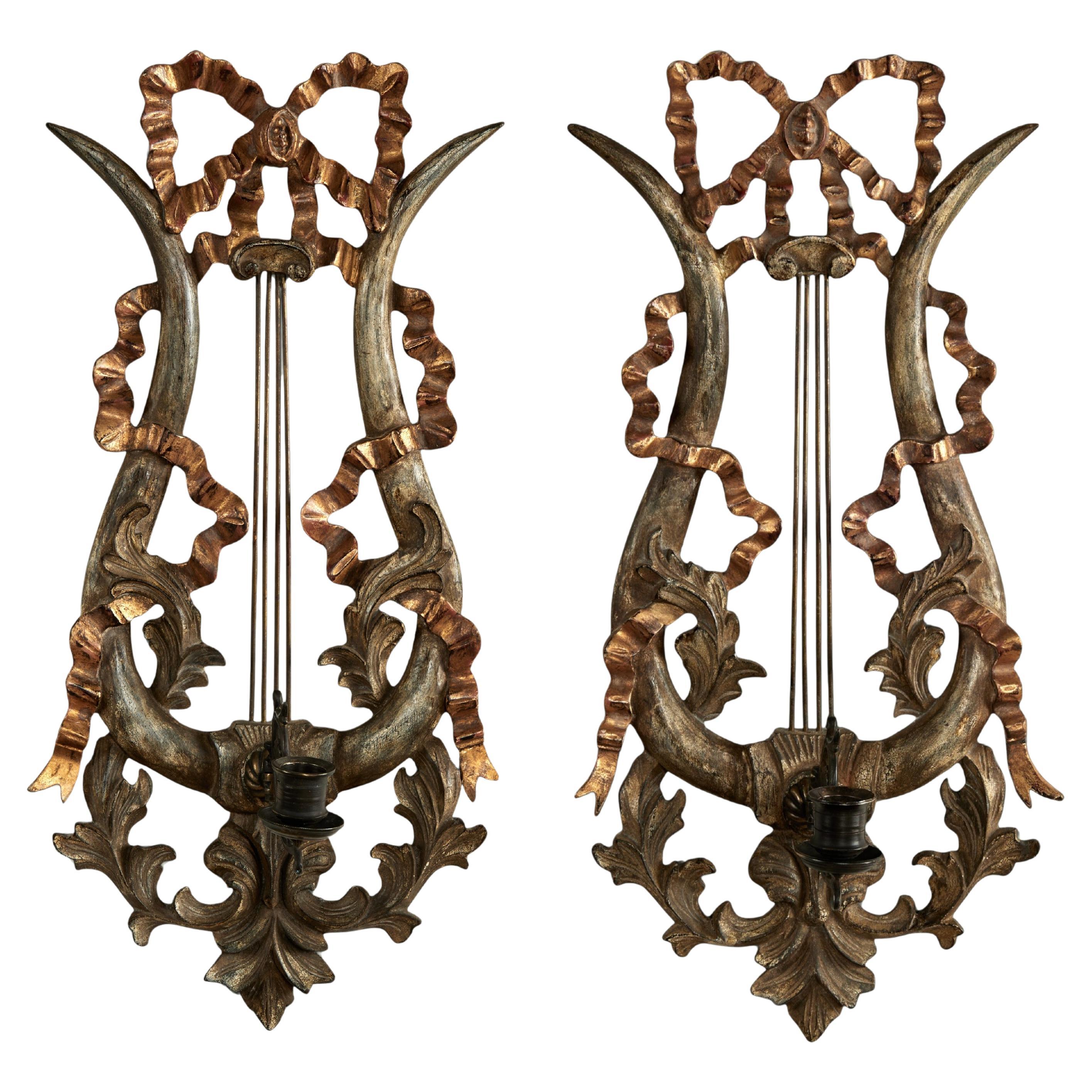 Antique Italian Carved Wood Lyre and Ribbon Parcel Gilt Wall Sconces