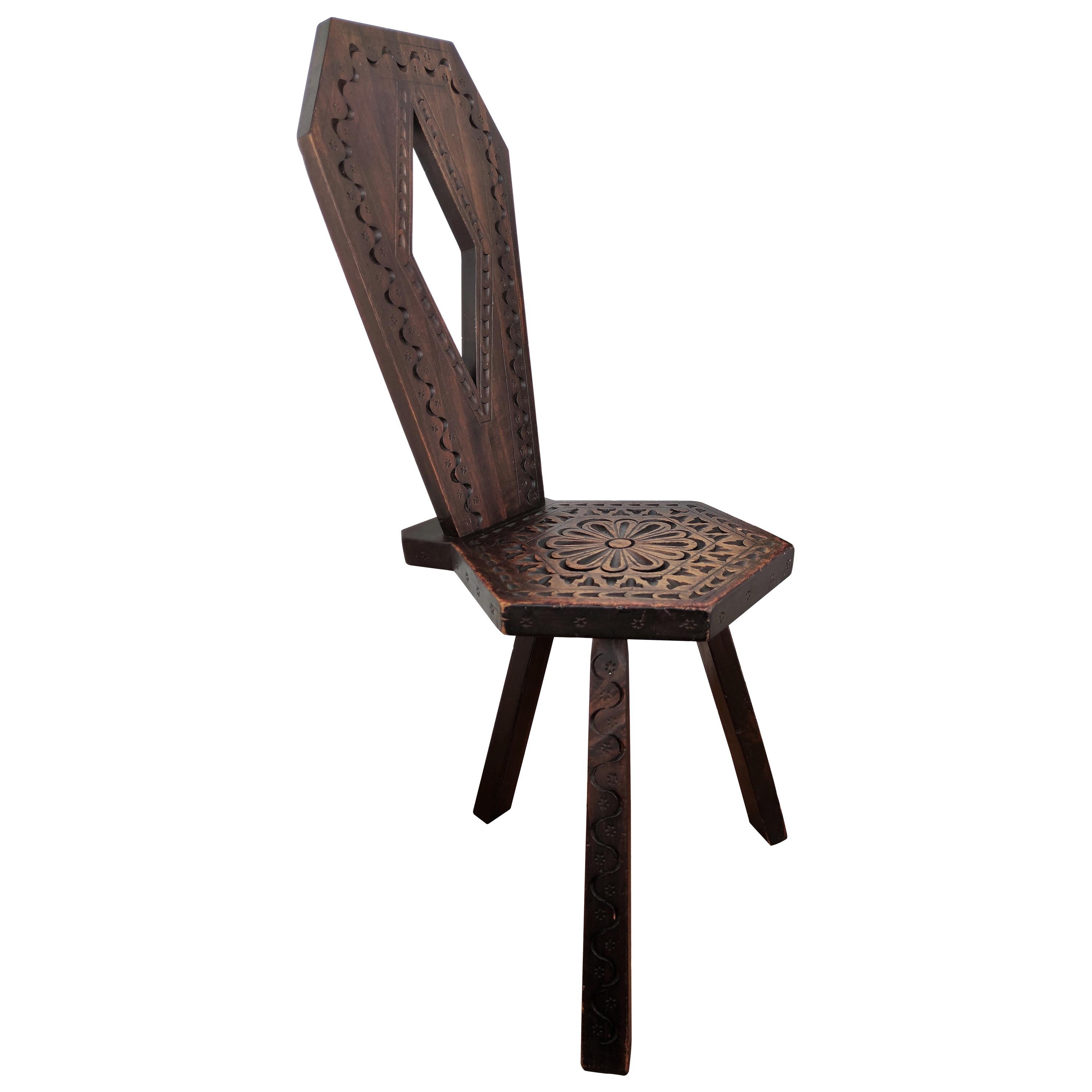 Antique Italian Carved Wood Round Tripod Chair