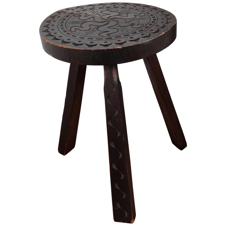 Antique Italian Carved Wood Round Tripod Chair Stool For Sale at 1stDibs