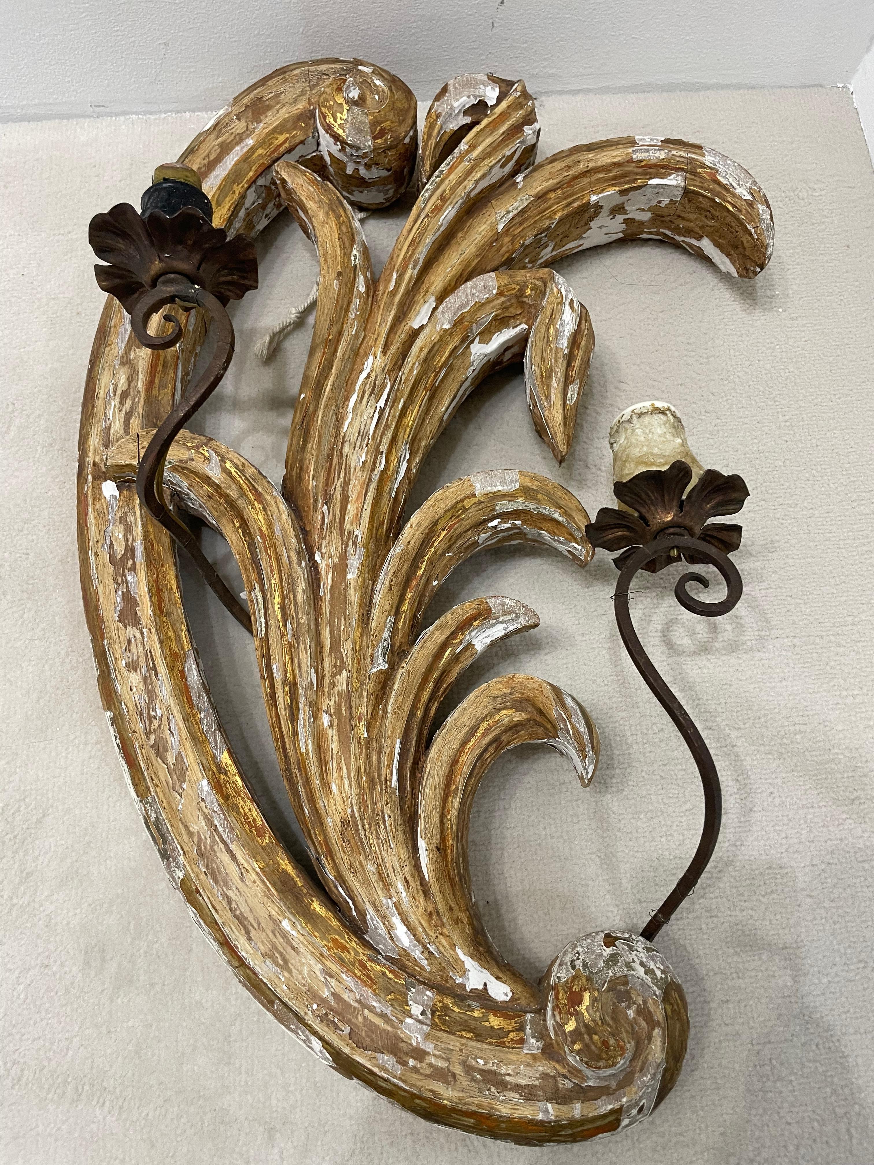 Baroque Antique Italian Carved Wood Sconces, 19th Century For Sale