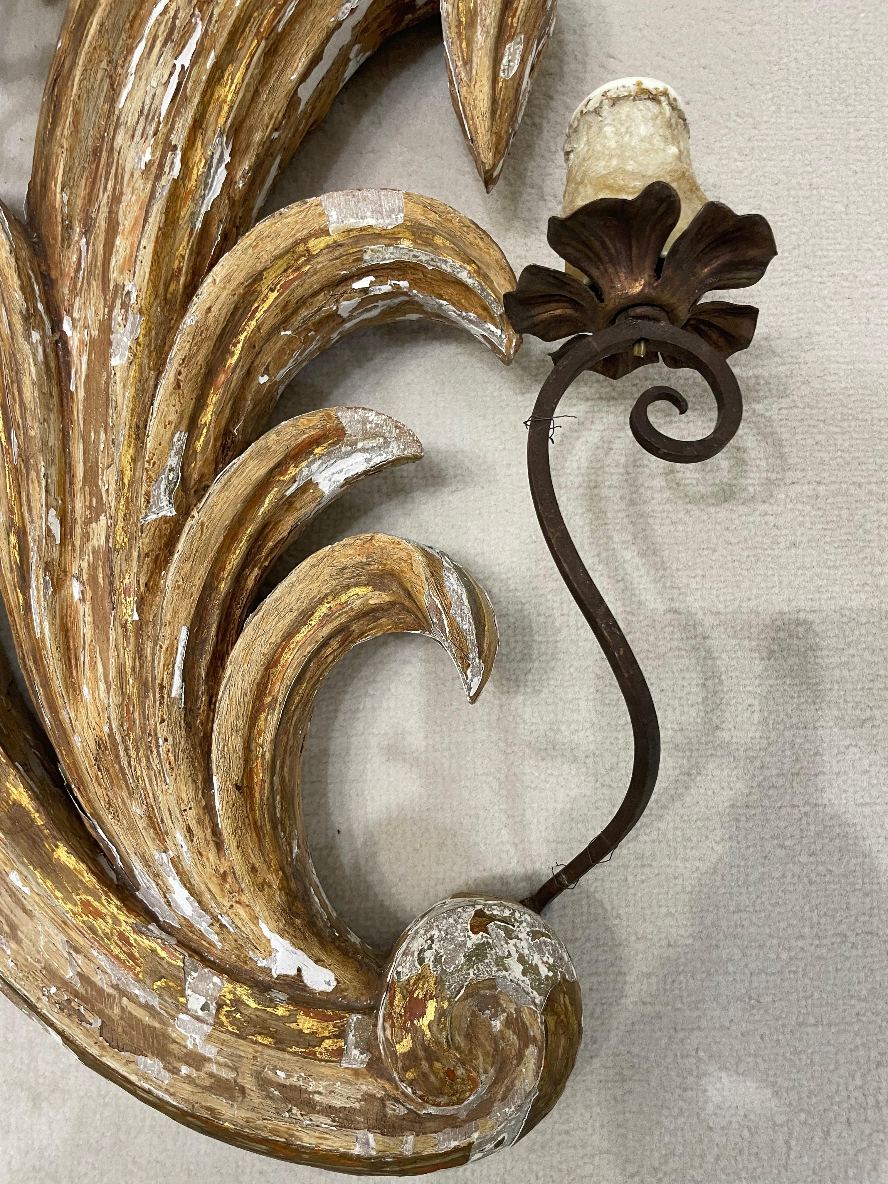 Antique Italian Carved Wood Sconces, 19th Century In Fair Condition For Sale In palm beach, FL