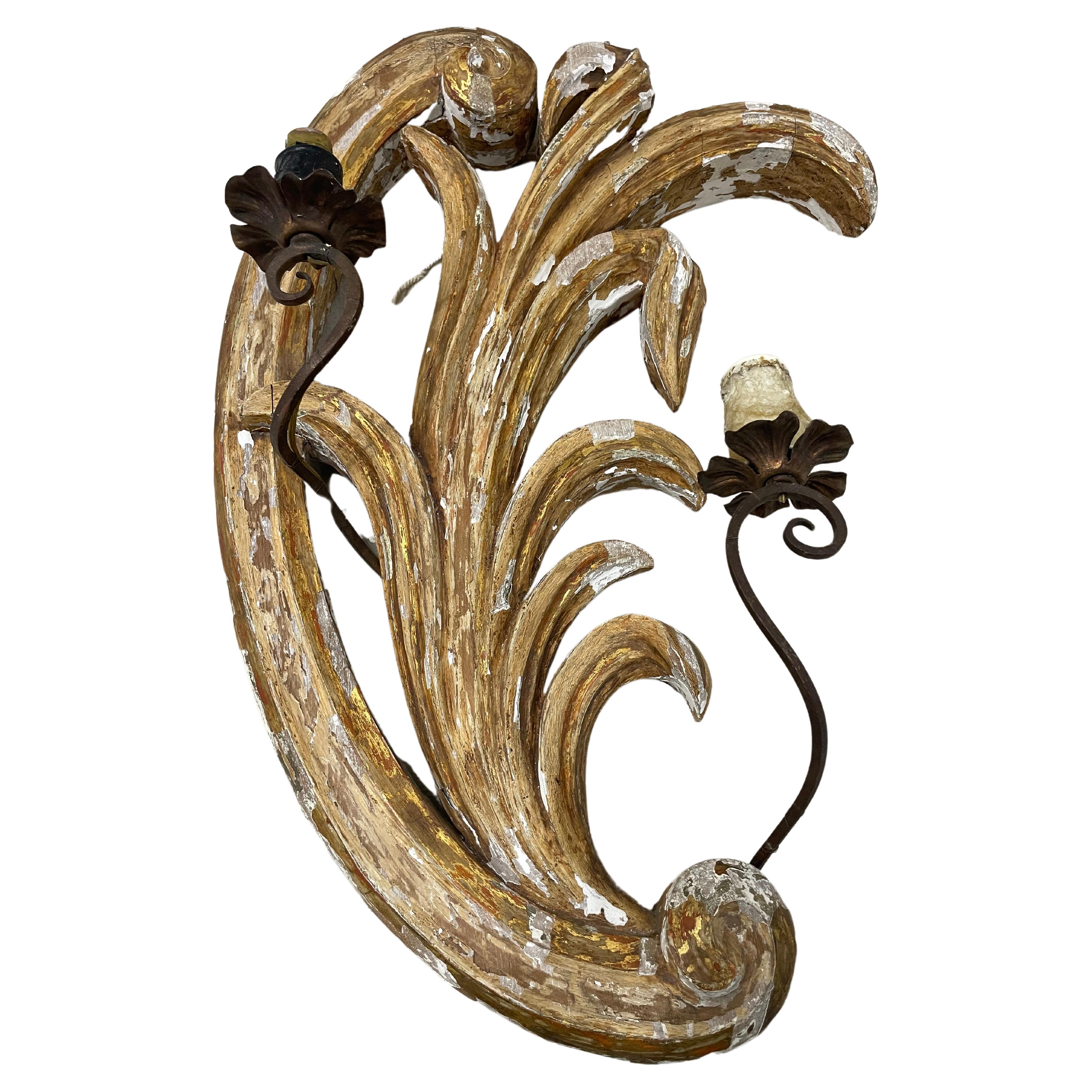 Antique Italian Carved Wood Sconces, 19th Century
