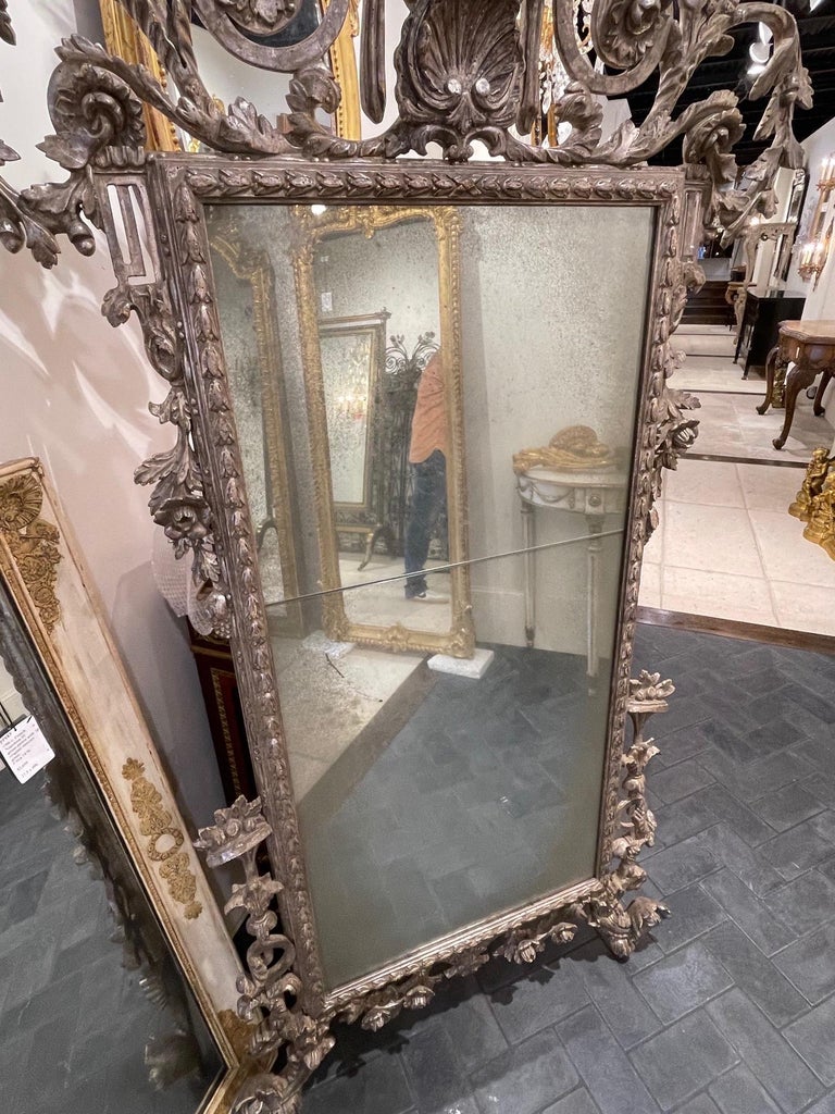 Antique Italian Carved Wood Silver Leaf Mirror For Sale at 1stDibs