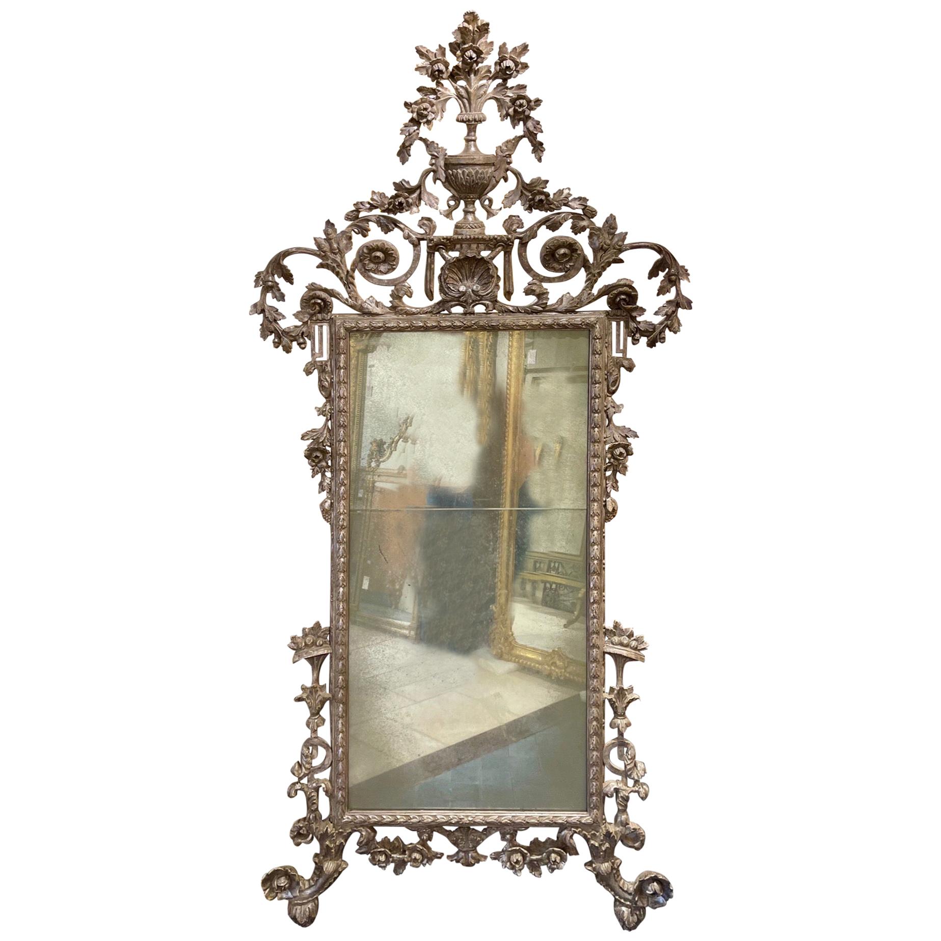 Antique Italian Carved Wood Silver Leaf Mirror