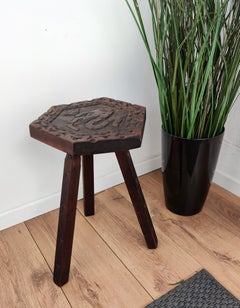 Antique Italian Carved Wood Tripod Chair Stool