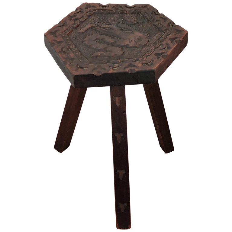 Antique Italian Carved Wood Tripod Chair Stool For Sale at 1stDibs