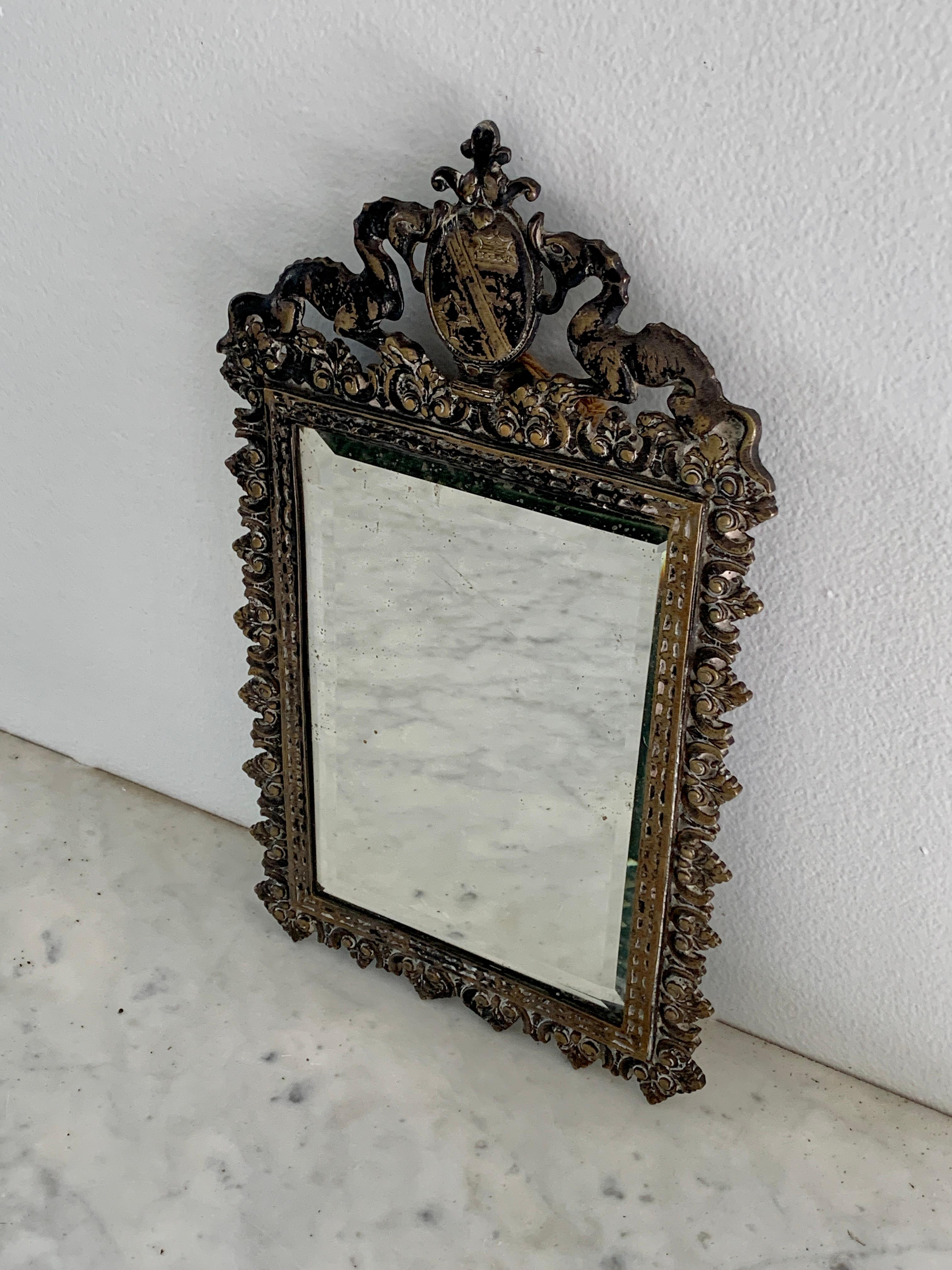 Neoclassical Antique Italian Cast Brass Coat of Arms Wall Mirror, Early 20th Century For Sale