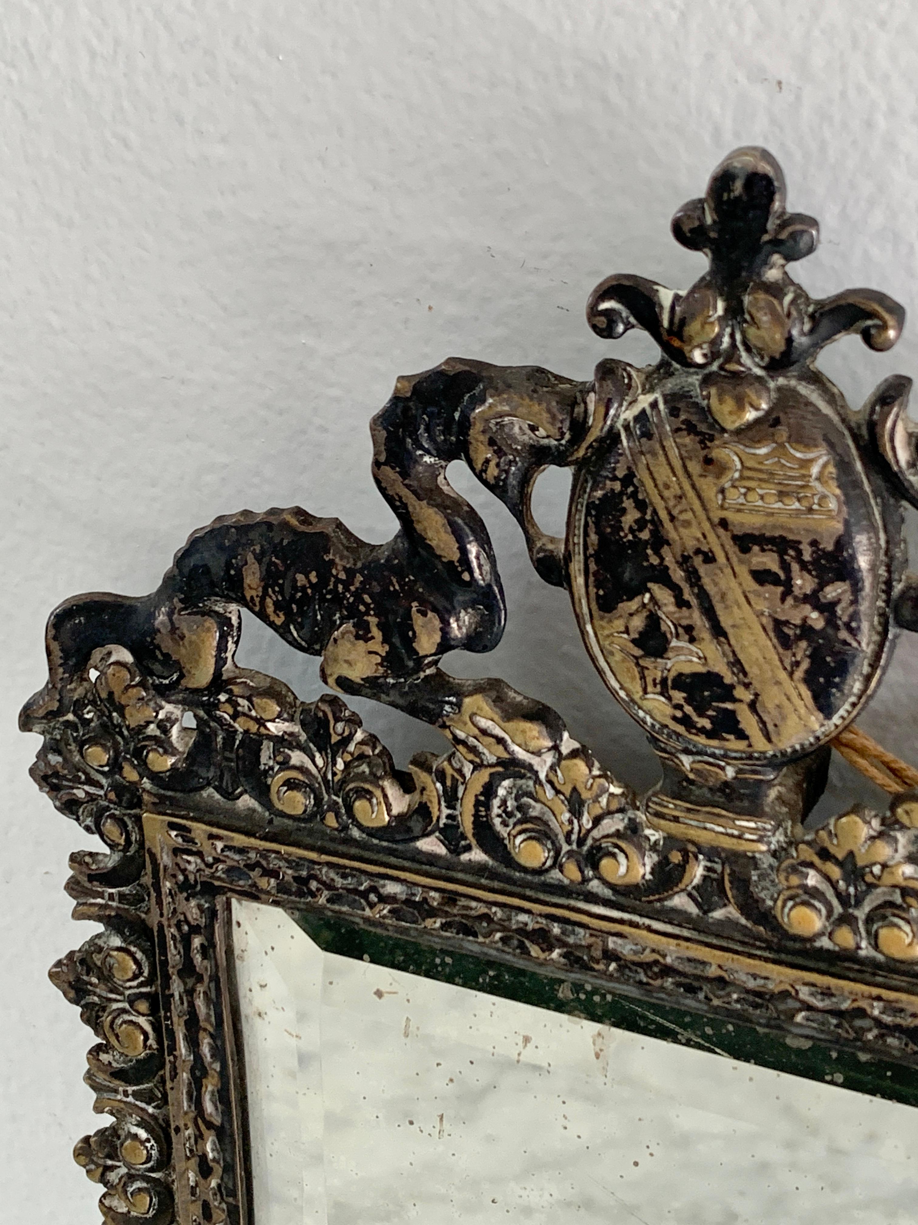 Antique Italian Cast Brass Coat of Arms Wall Mirror, Early 20th Century For Sale 1