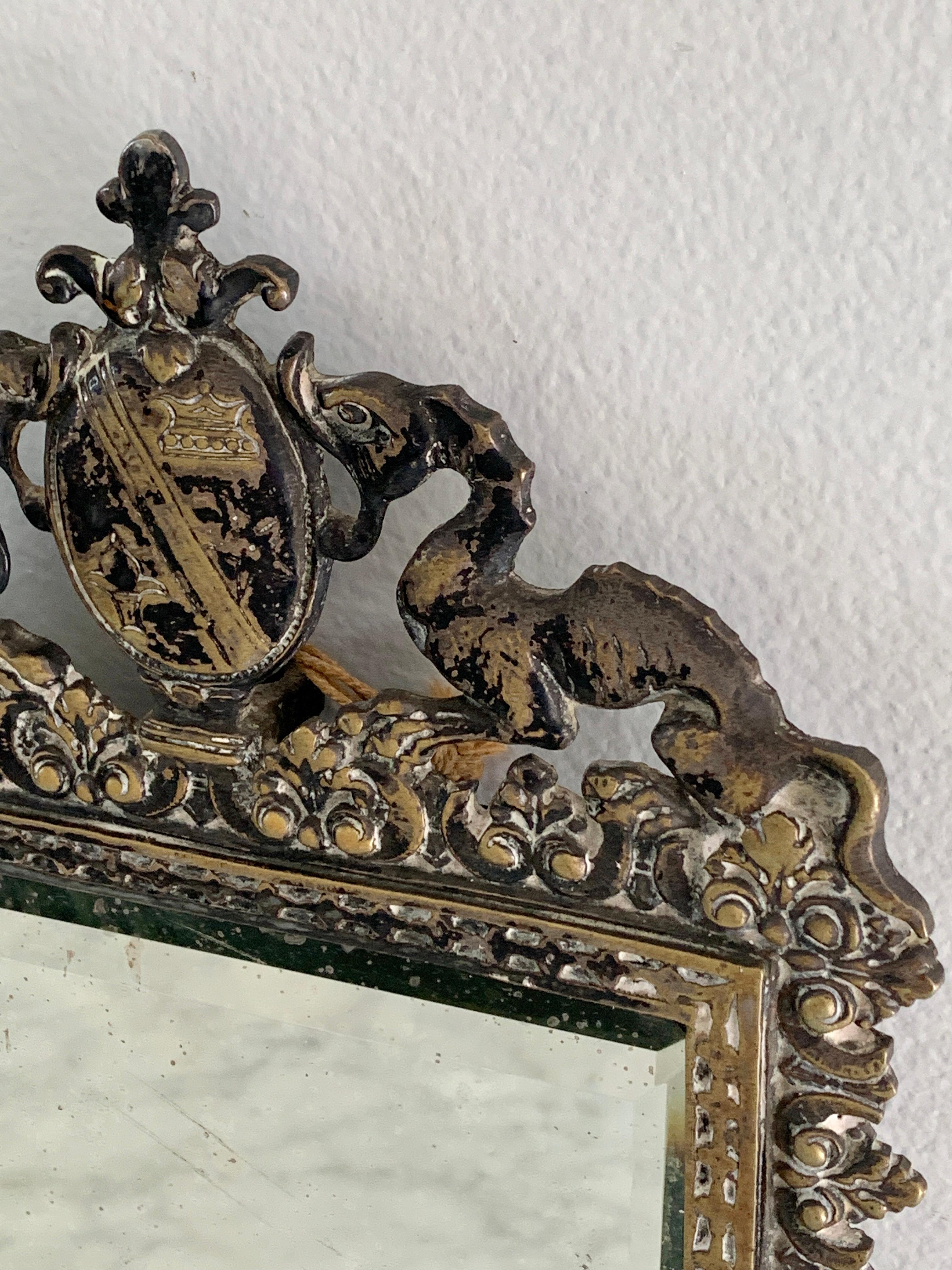 Antique Italian Cast Brass Coat of Arms Wall Mirror, Early 20th Century For Sale 2