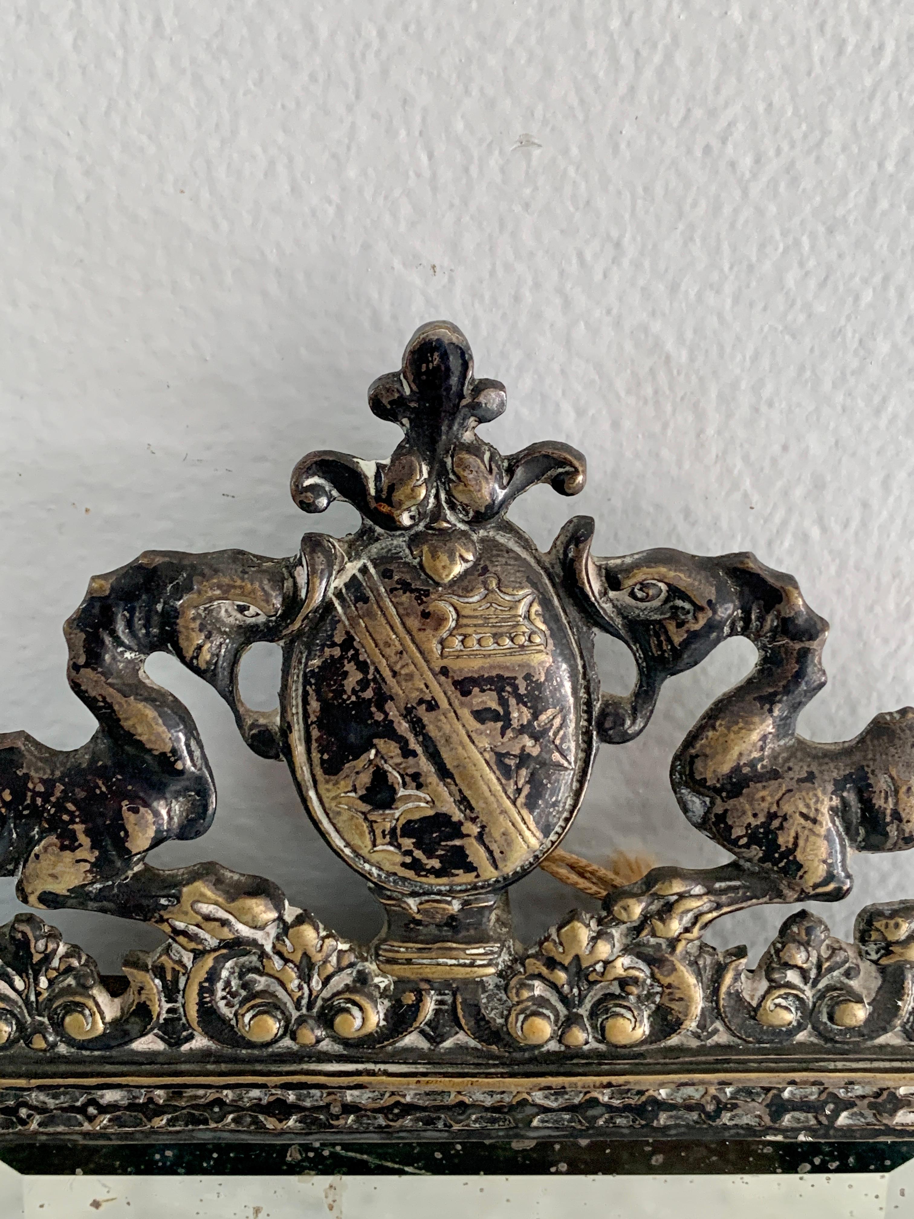 Antique Italian Cast Brass Coat of Arms Wall Mirror, Early 20th Century For Sale 3