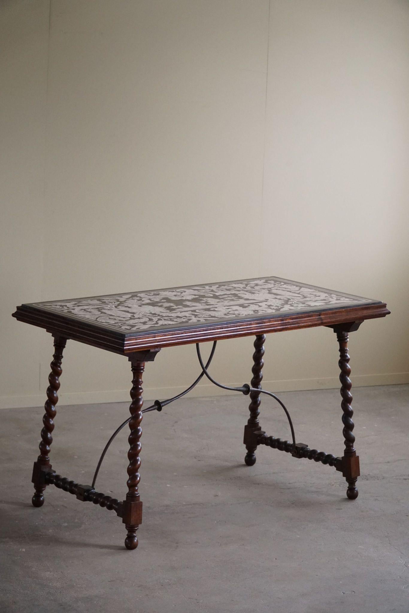 Baroque Antique Italian Center / Desk Table, Walnut & Marble, Naples, 19th Century For Sale