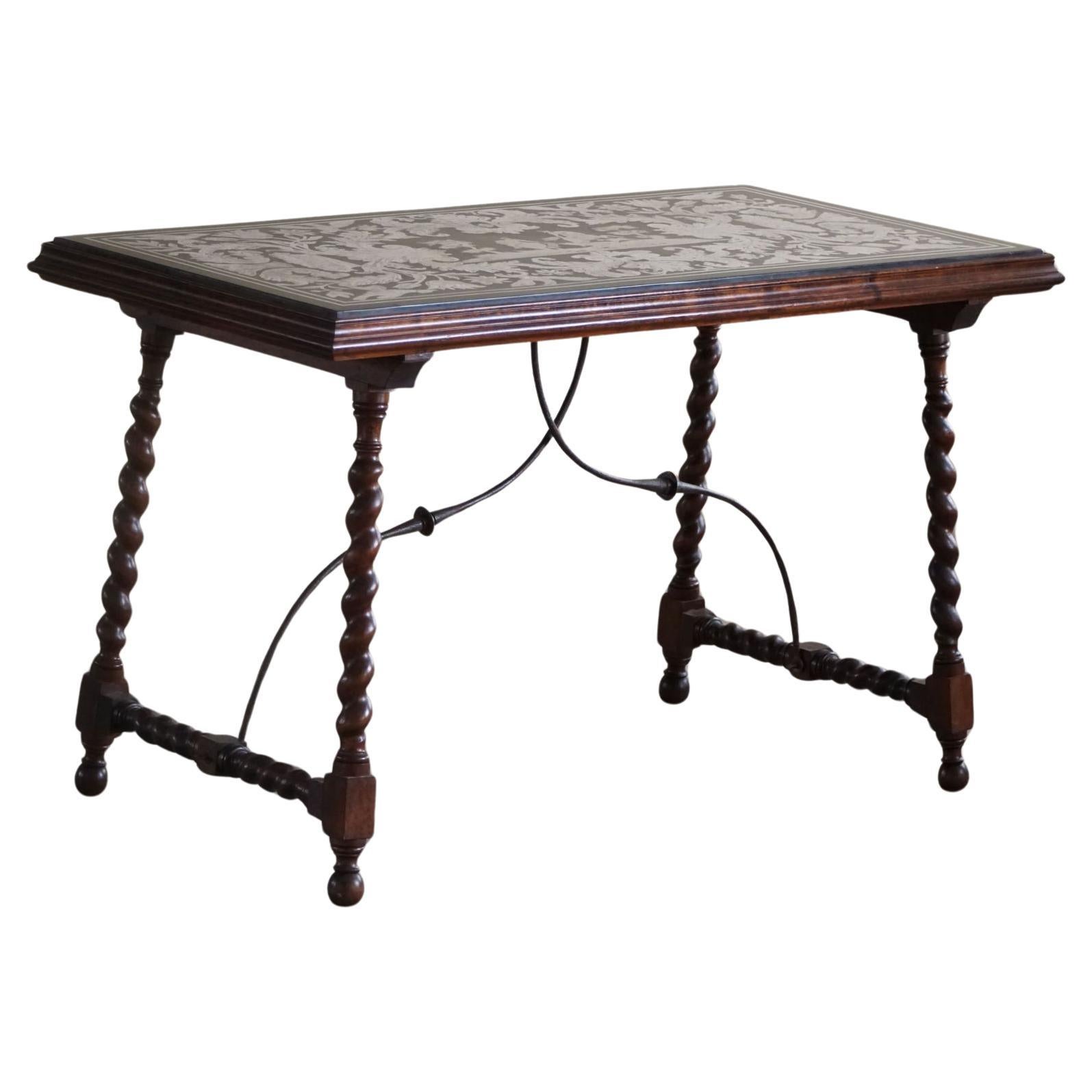 Antique Italian Center / Desk Table, Walnut & Marble, Naples, 19th Century For Sale