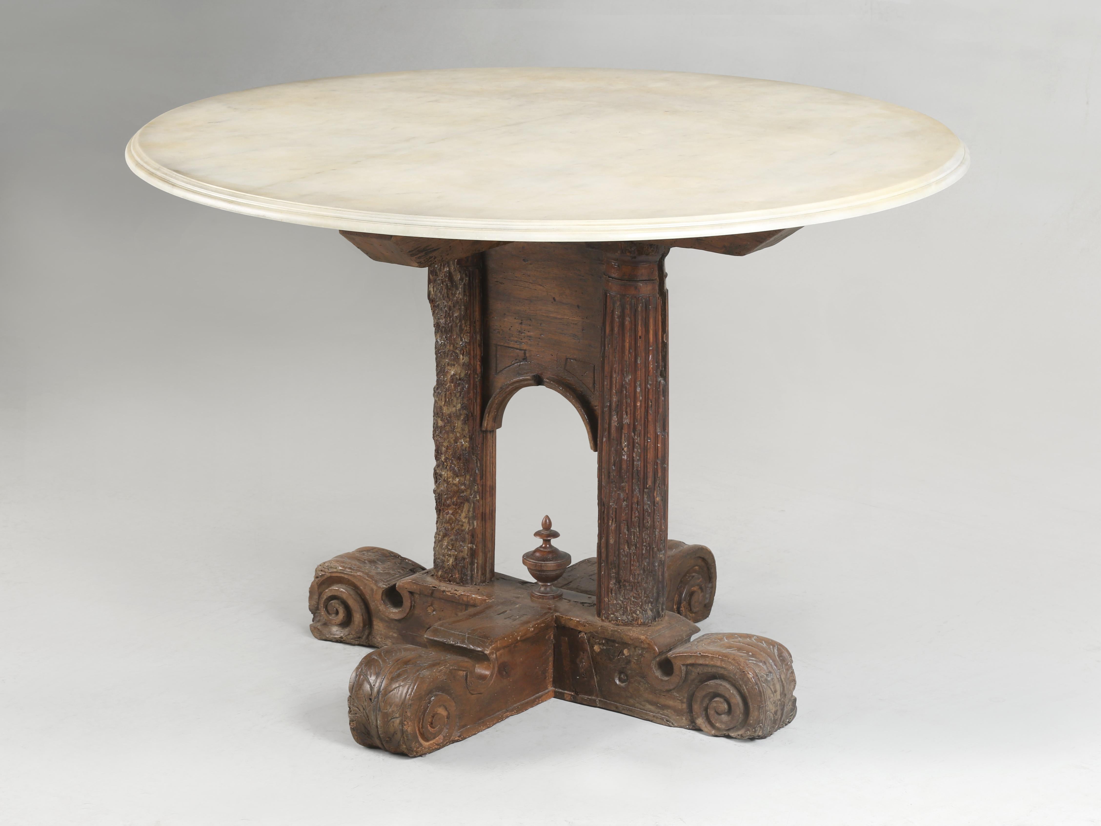 Antique Italian Center Hall Table or End Table c1700's Restored Carrara Marble. Now, generally we have no problem in describing an antique table, however when this 200-300 year old table base arrived there was no top and the hand-carved base needed