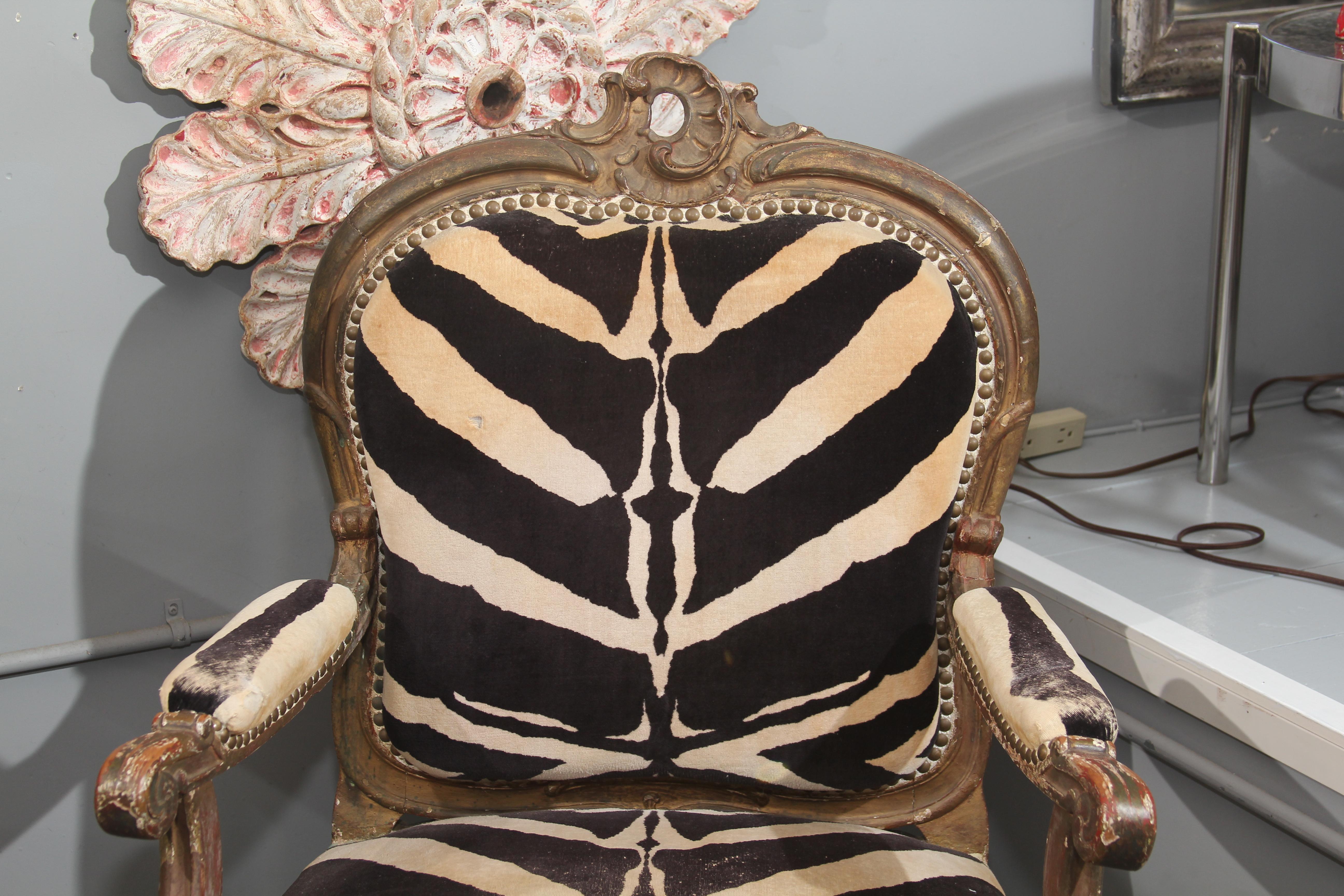 19th Century Antique Italian Chair in Zebra Cotton Velvet