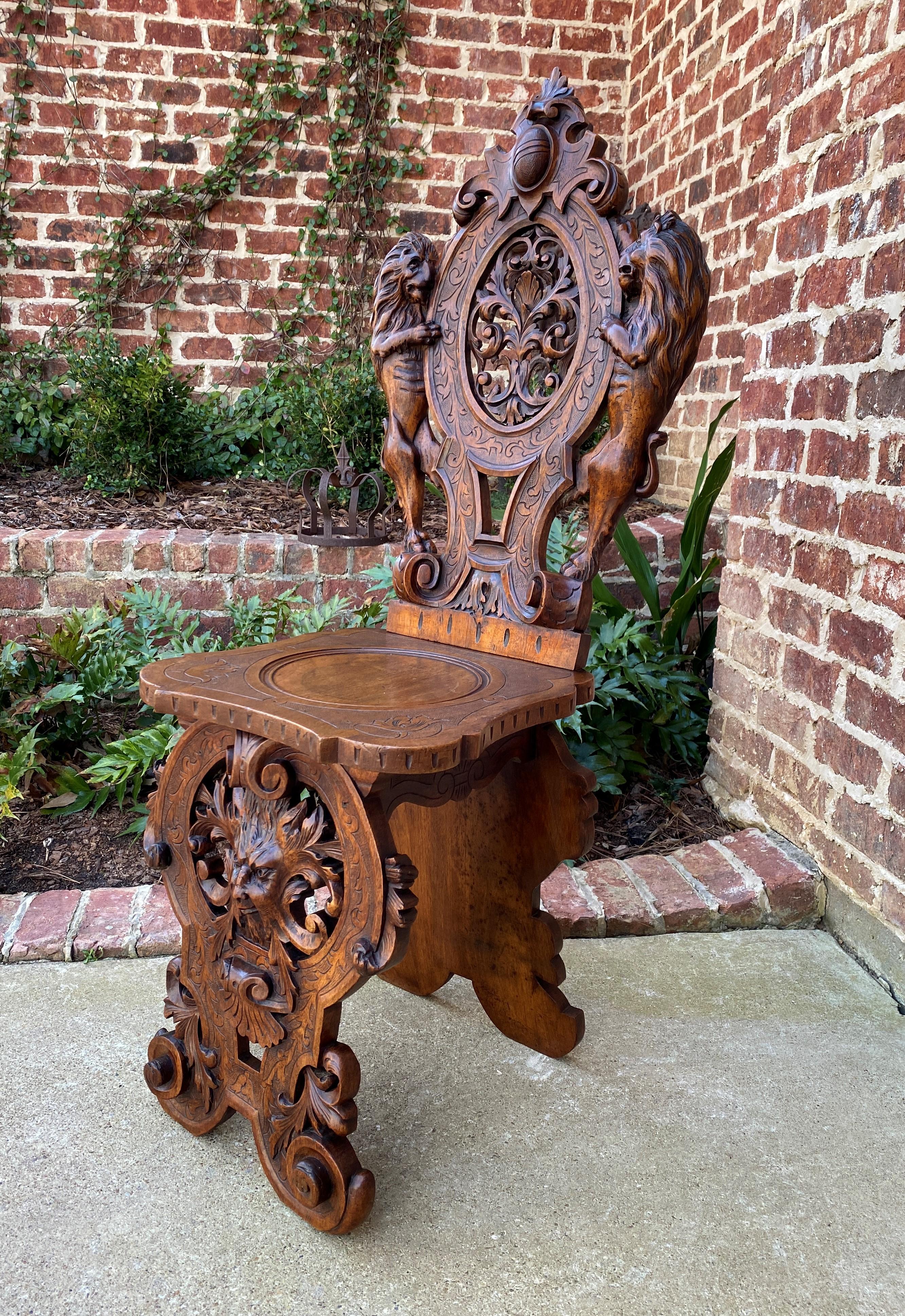 Antique Italian Chair Settee Renaissance Revival Sgabello Rampant Lions Walnut 5
