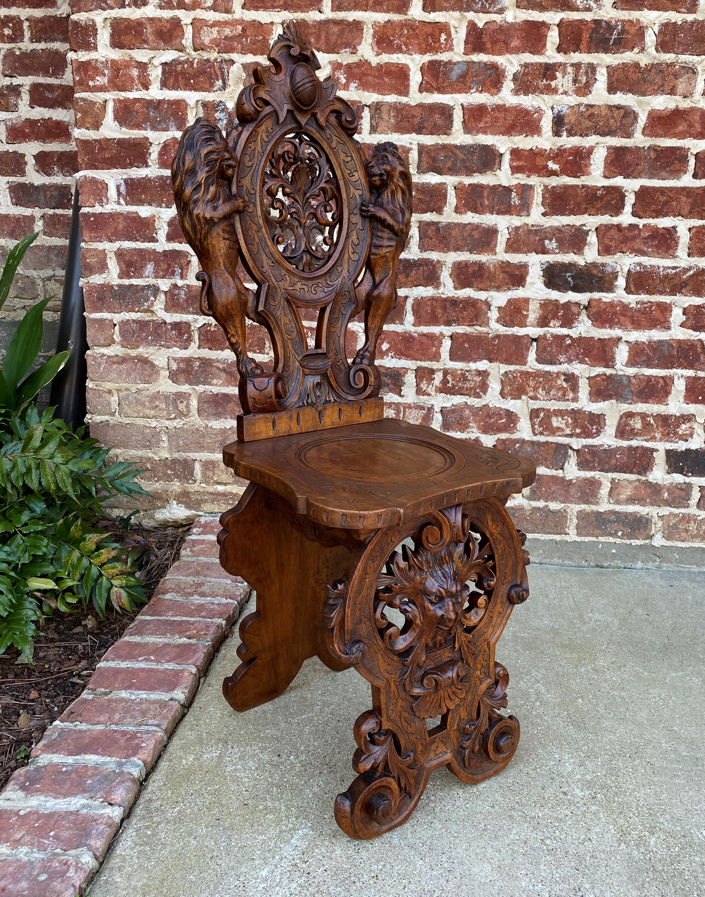 Antique Italian Chair Settee Renaissance Revival Sgabello Rampant Lions Walnut 9