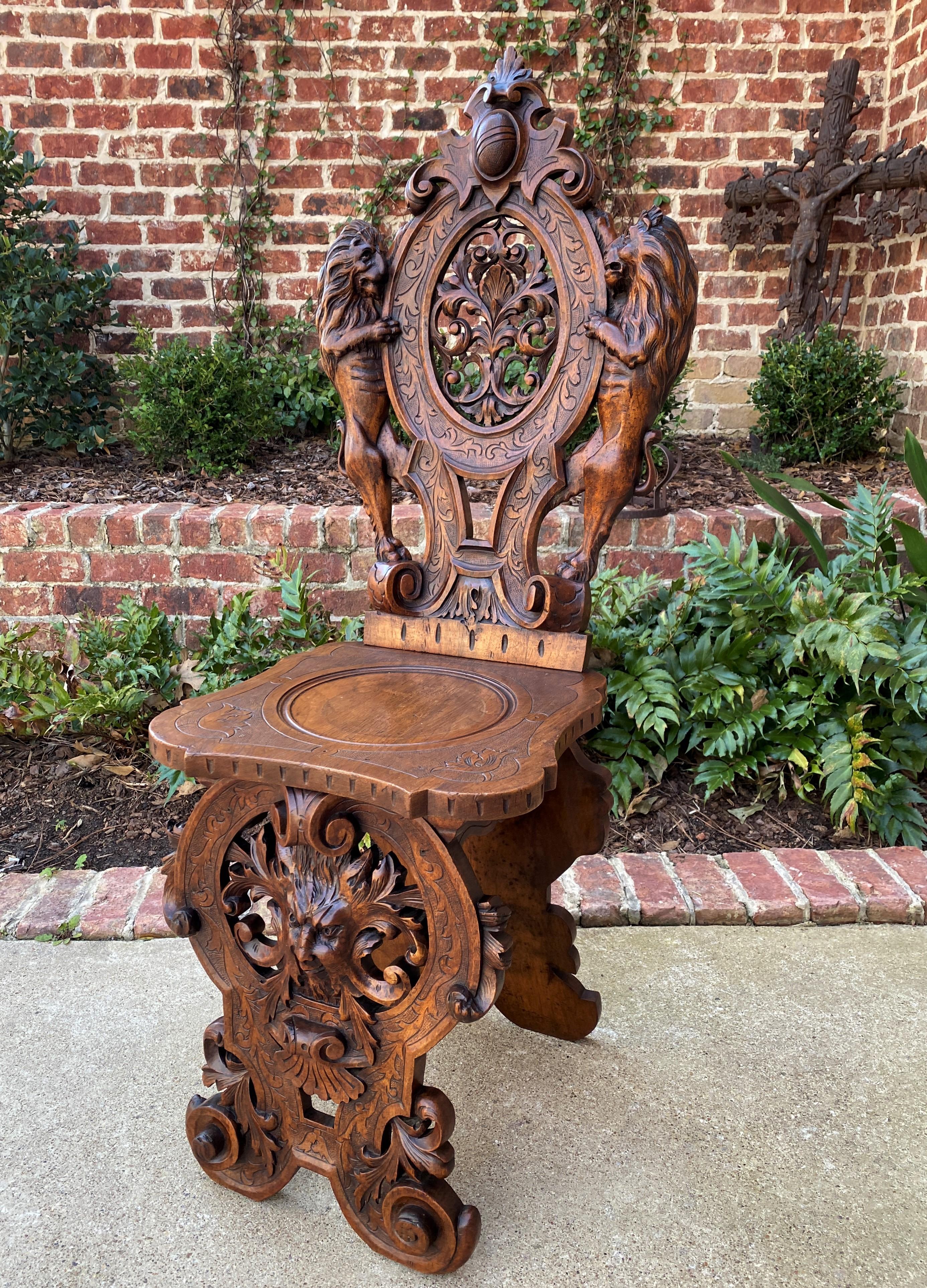 Regency Revival Antique Italian Chair Settee Renaissance Revival Sgabello Rampant Lions Walnut