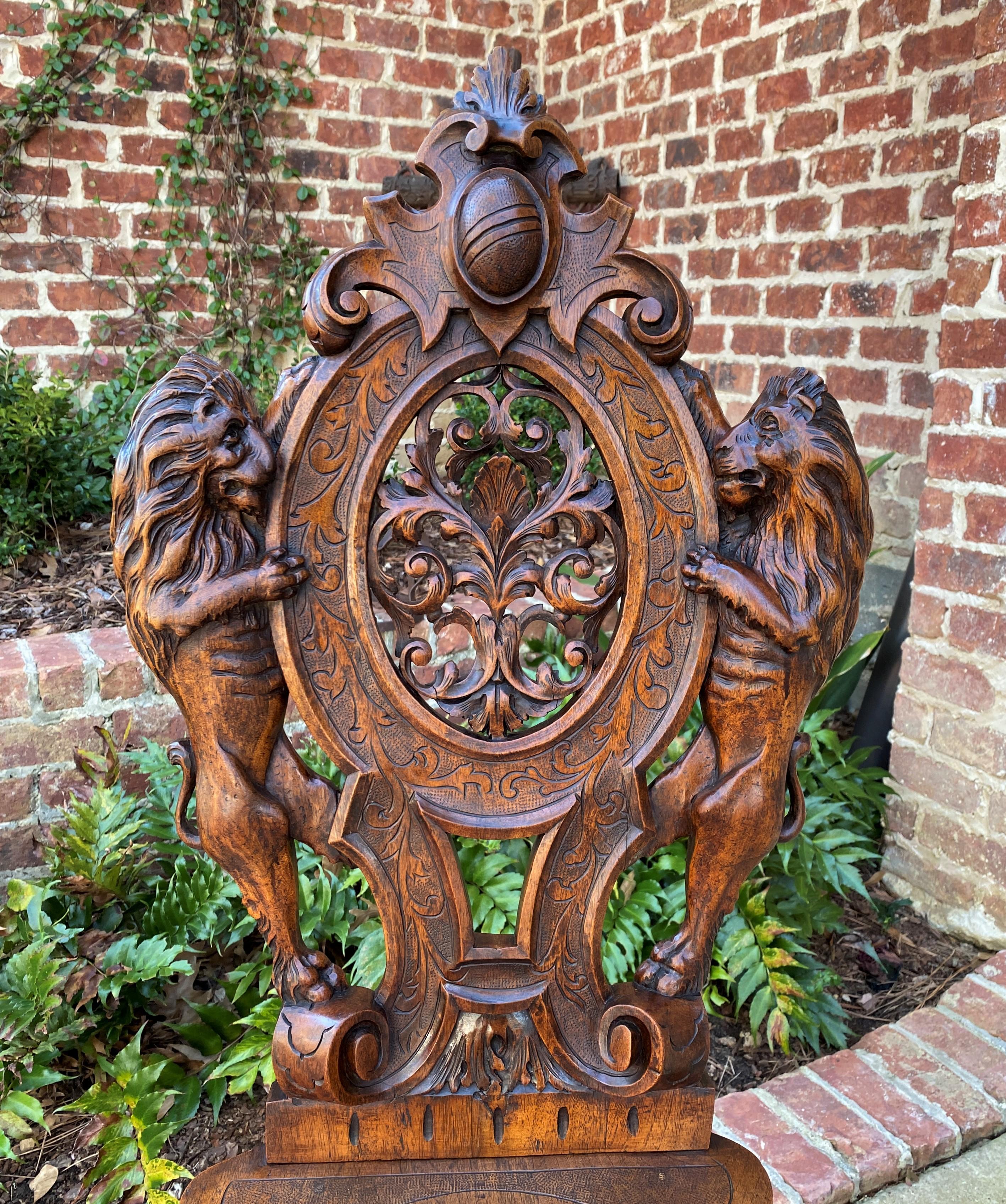 Carved Antique Italian Chair Settee Renaissance Revival Sgabello Rampant Lions Walnut