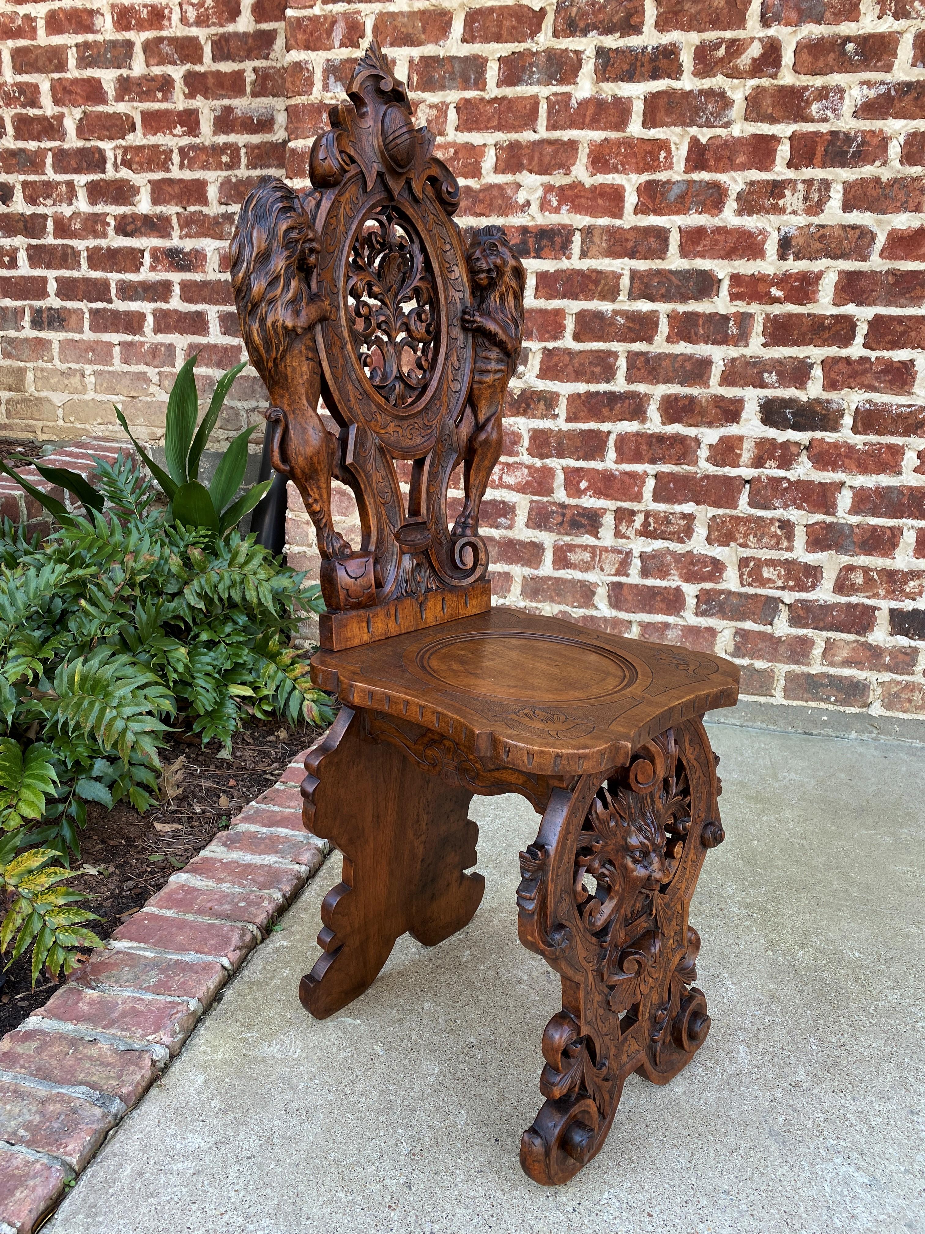 Antique Italian Chair Settee Renaissance Revival Sgabello Rampant Lions Walnut 1