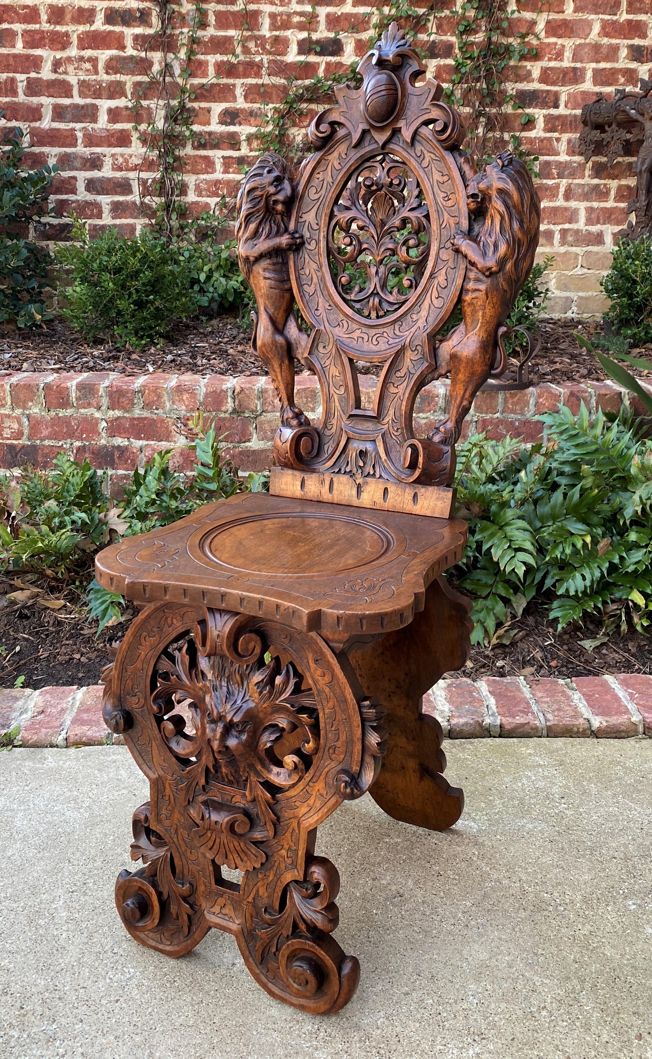 Antique Italian Chair Settee Renaissance Revival Sgabello Rampant Lions Walnut 2