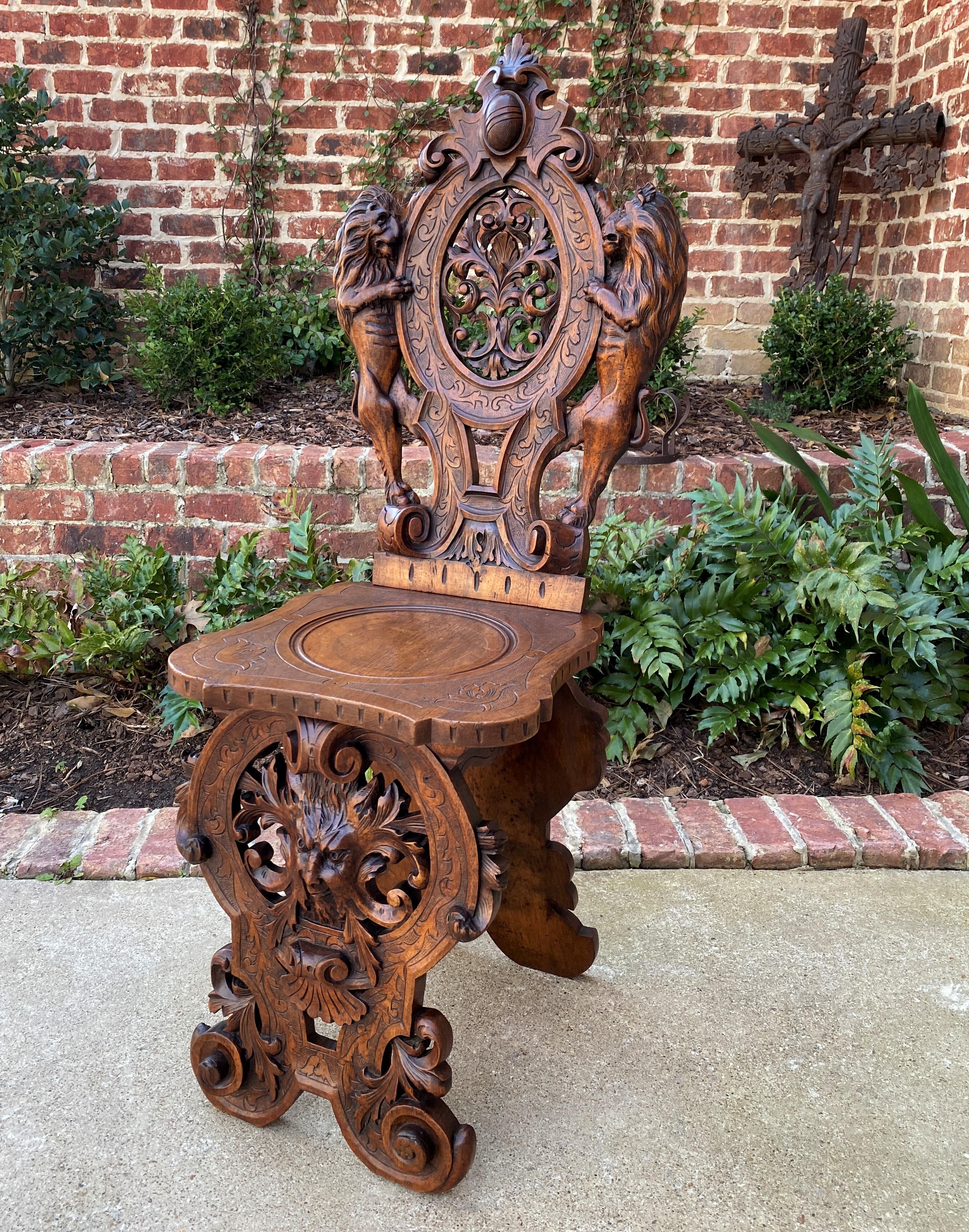Antique Italian Chair Settee Renaissance Revival Sgabello Rampant Lions Walnut 3