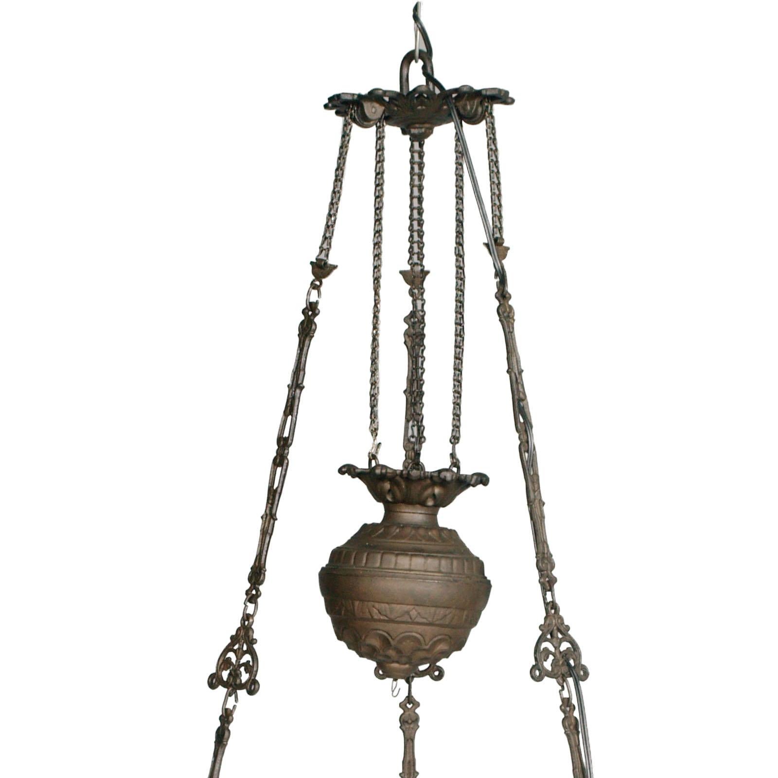 Art nouveau Lustre italien ancien ancien, lampe à huile ancienne électrifiée, verre de Murano et bronze en vente