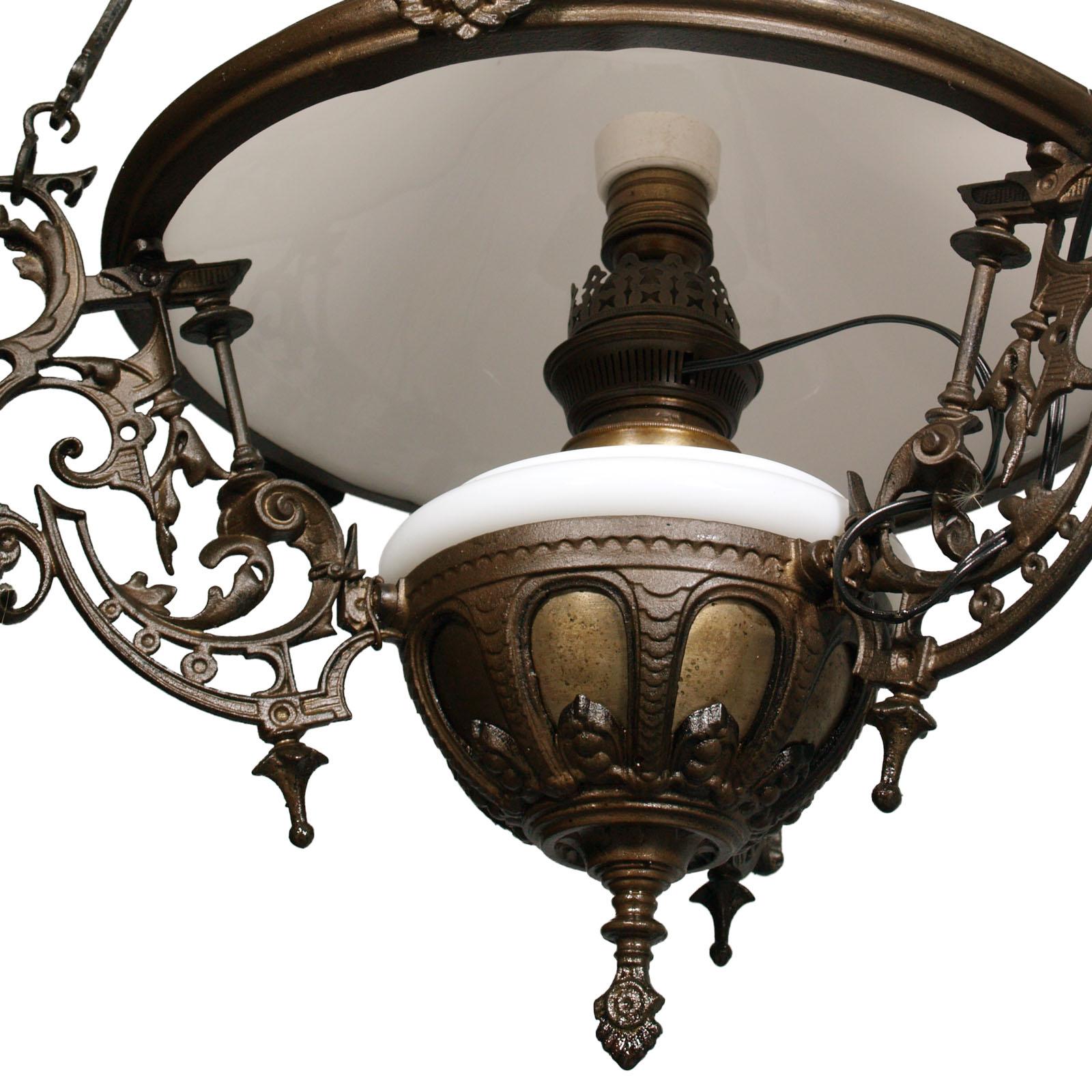 Art Nouveau Antique Italian Chandelier, Electrified Old Oil Lamp, Murano Glass & Bronze For Sale