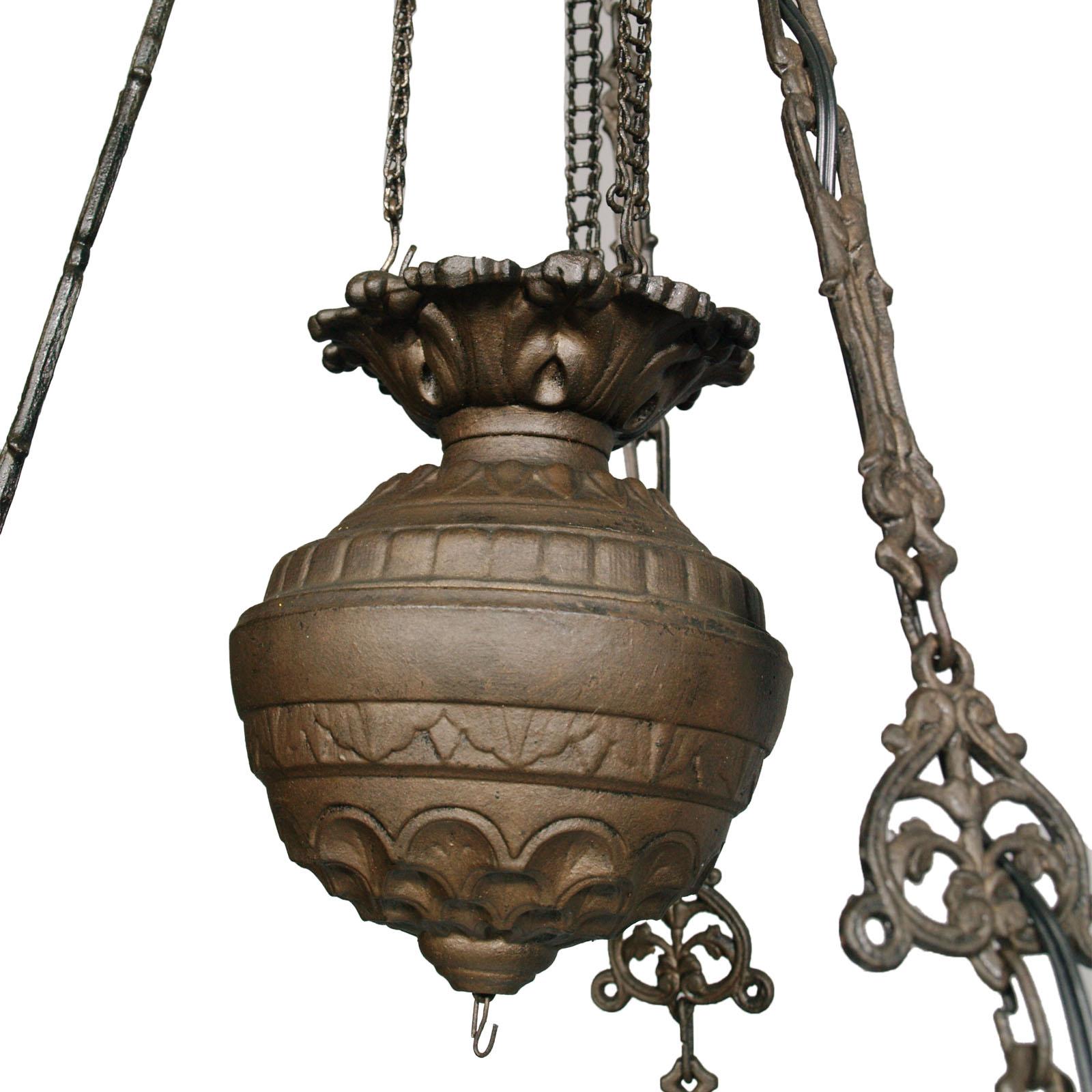 Burnished Antique Italian Chandelier, Electrified Old Oil Lamp, Murano Glass & Bronze For Sale