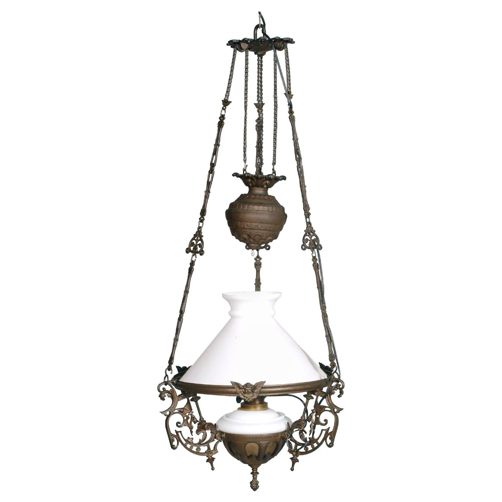 Antique Italian Chandelier, Electrified Old Oil Lamp, Murano Glass & Bronze For Sale