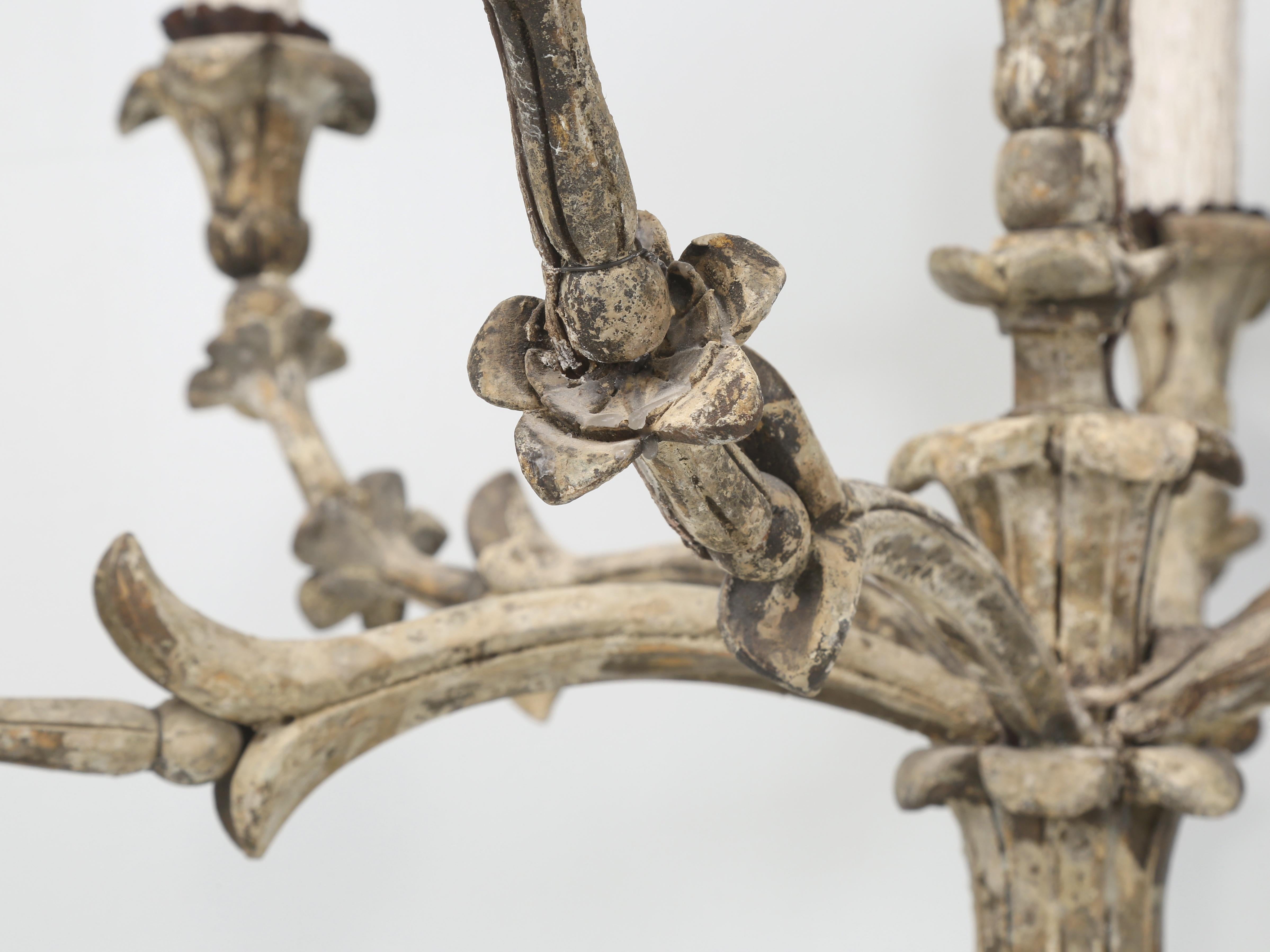 Antique Italian Chandelier Hand-Carved Wood in Old Paint Rewired Great Patina For Sale 6