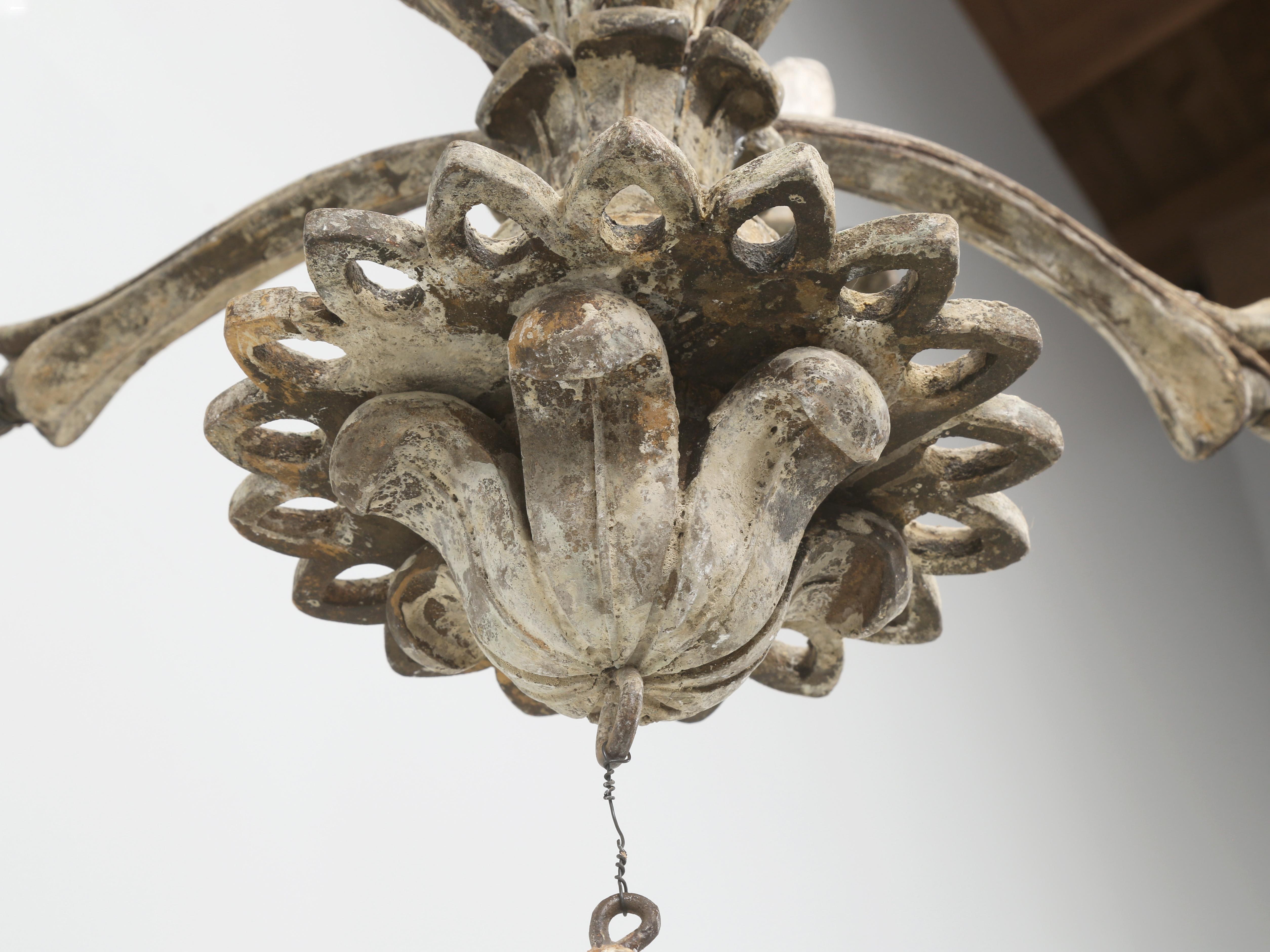 Antique Italian Chandelier Hand-Carved Wood in Old Paint Rewired Great Patina For Sale 8