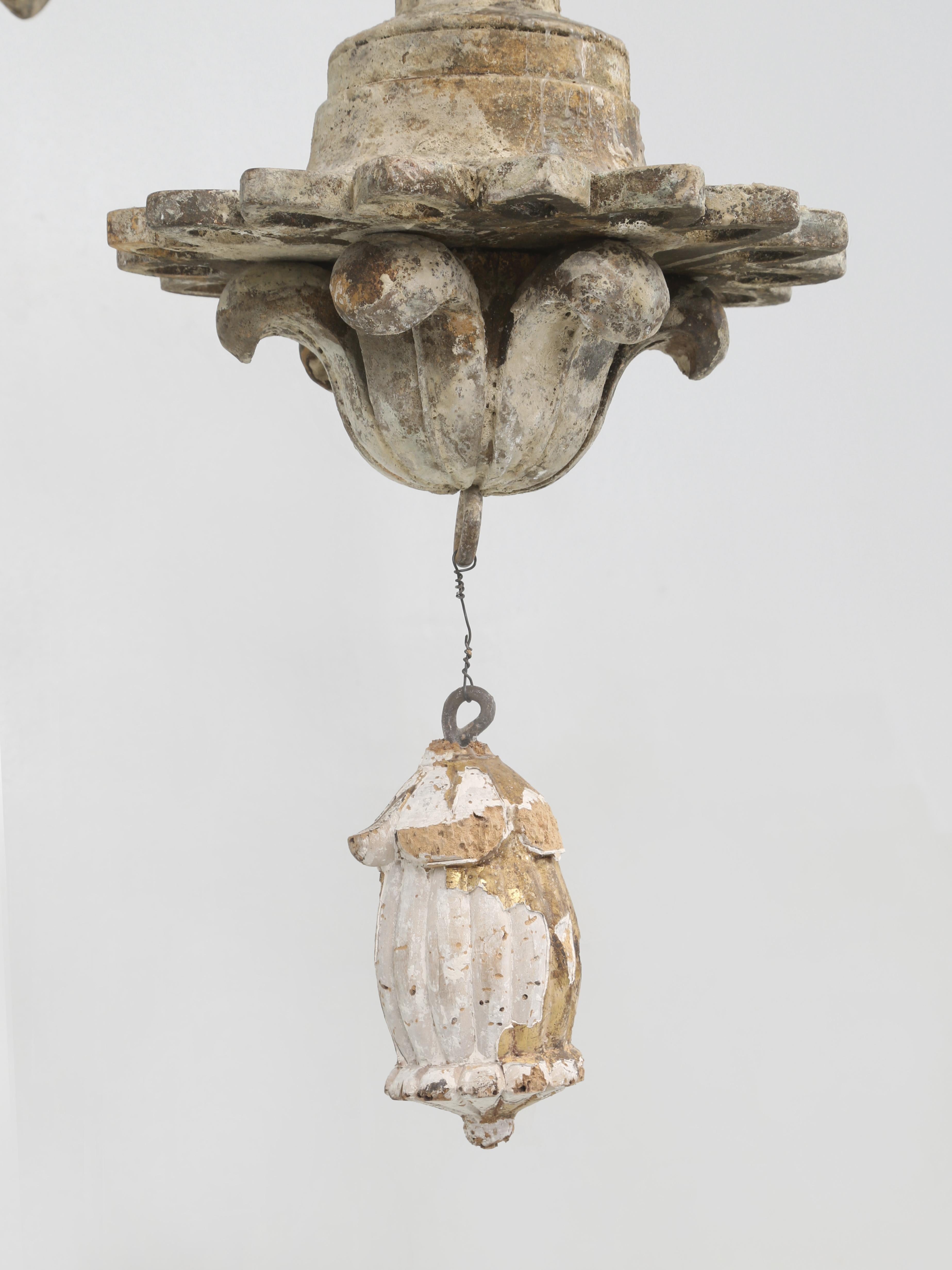 Antique Italian Chandelier Hand-Carved Wood in Old Paint Rewired Great Patina For Sale 9