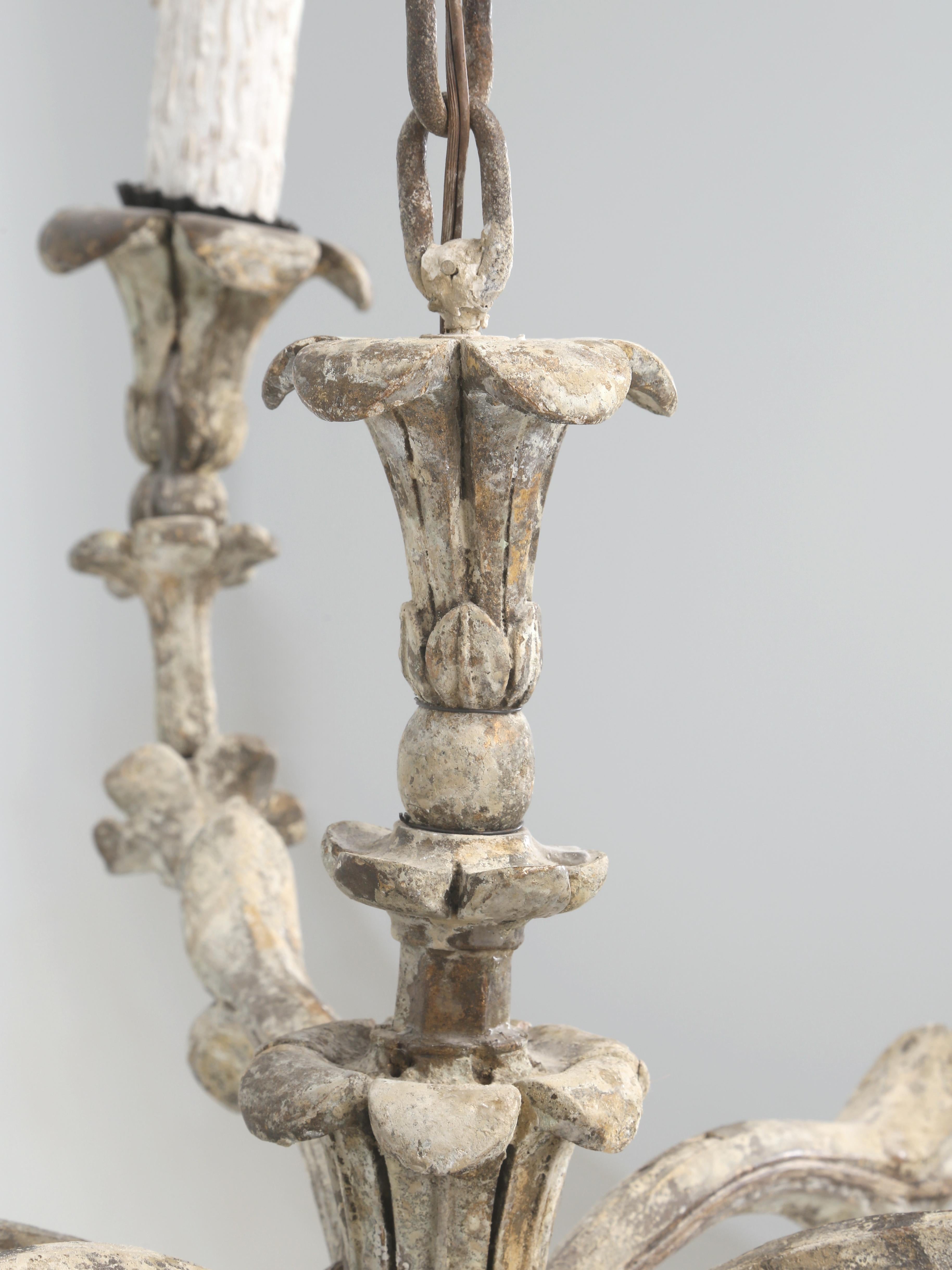 Country Antique Italian Chandelier Hand-Carved Wood in Old Paint Rewired Great Patina For Sale
