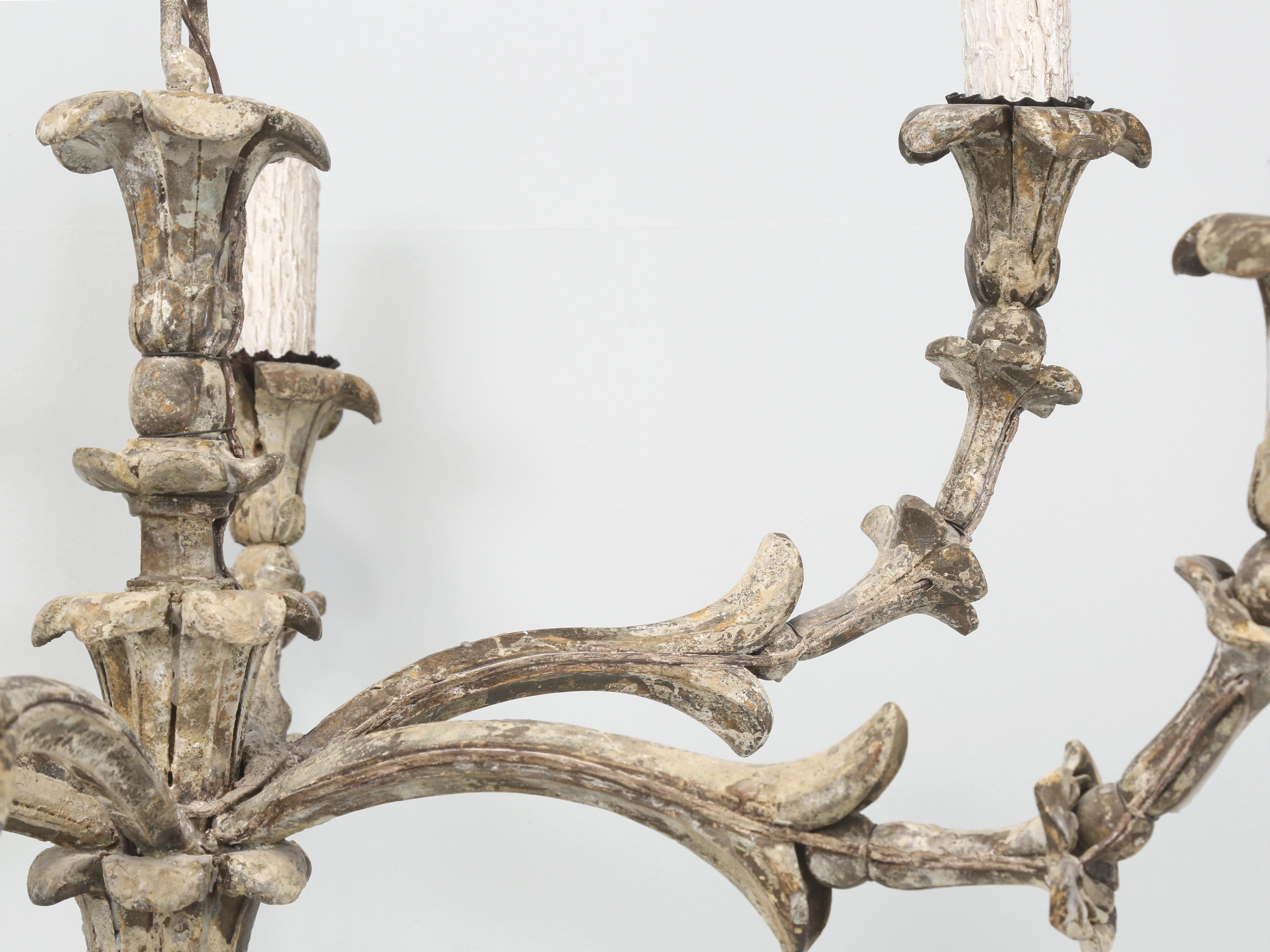 Antique Italian Chandelier Hand-Carved Wood in Old Paint Rewired Great Patina In Good Condition For Sale In Chicago, IL