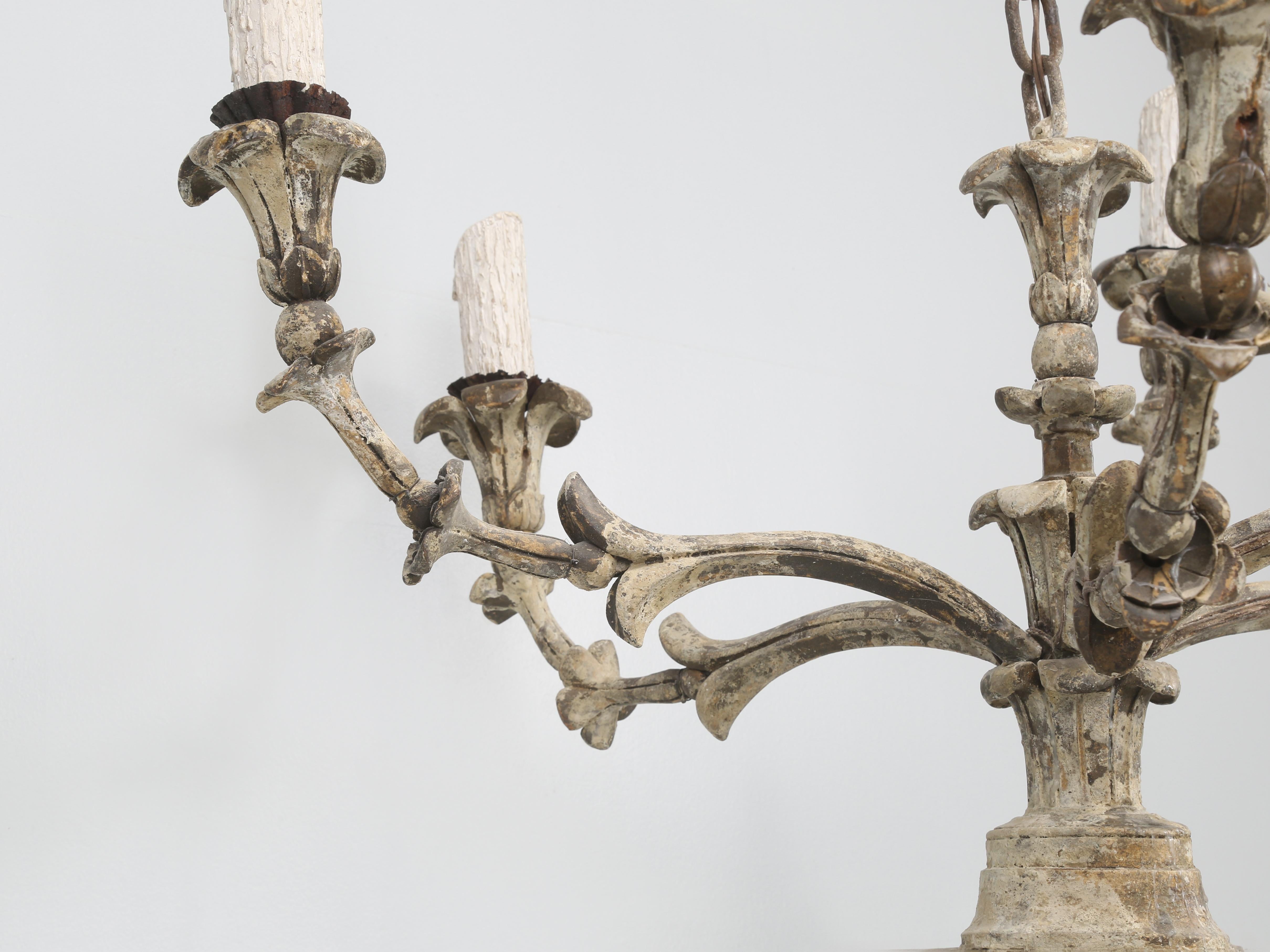 Early 20th Century Antique Italian Chandelier Hand-Carved Wood in Old Paint Rewired Great Patina For Sale