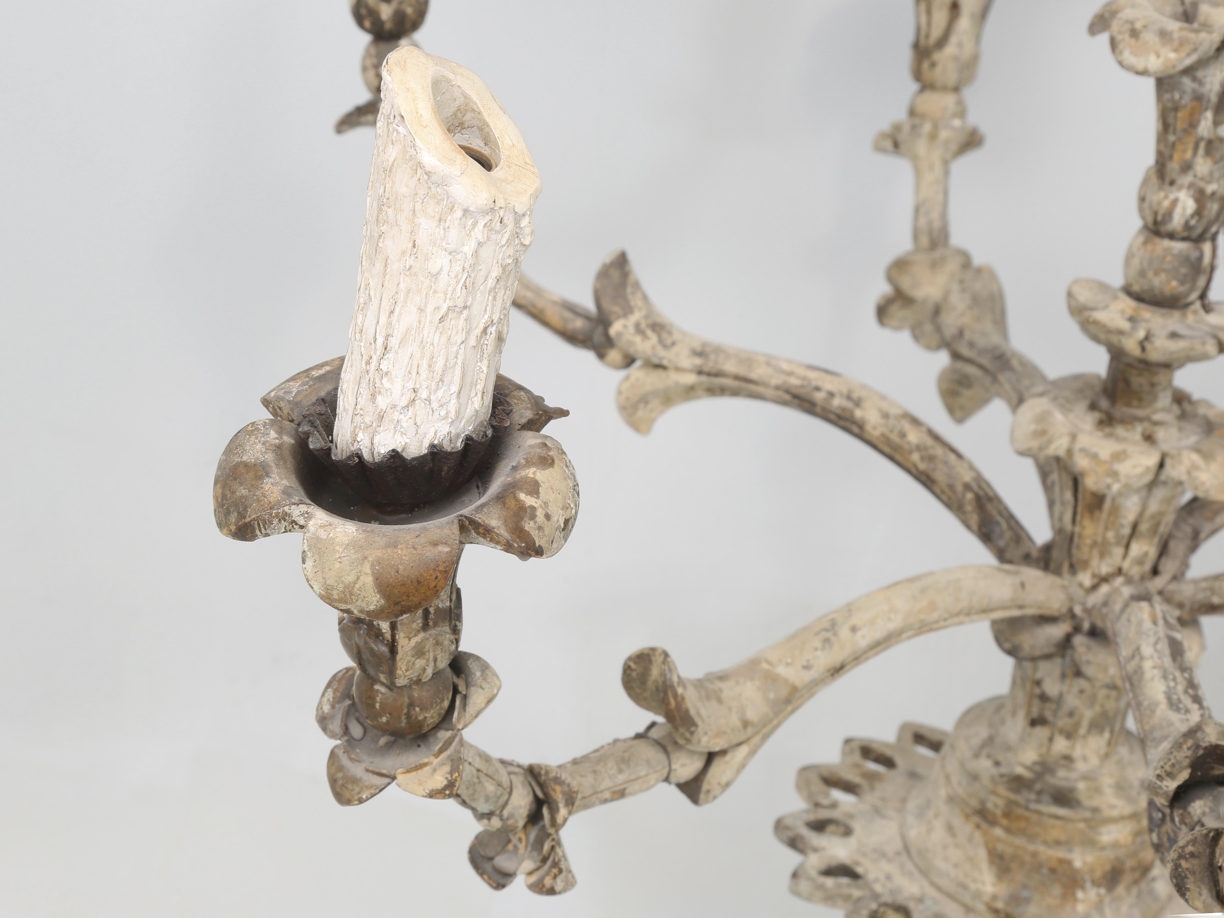 Antique Italian Chandelier Hand-Carved Wood in Old Paint Rewired Great Patina For Sale 1